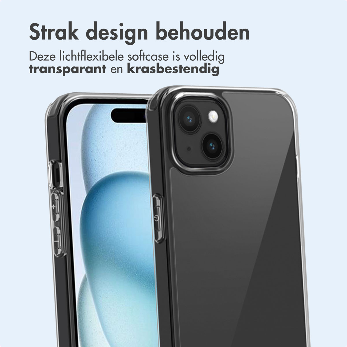 Phone case with phone on the right. The phone has a clear screen and a clear case.