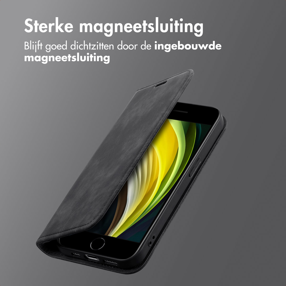 Handyhülle mit offenem Deckel auf grauem Hintergrund. Das Telefon ist mit gelbem Hintergrund sichtbar.