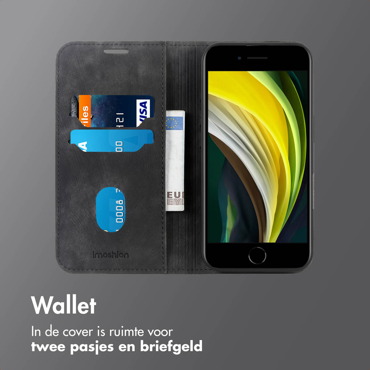Geöffnete Handy-Wallet-Hülle mit sichtbaren Karten und Geld. Telefon ist rechts.