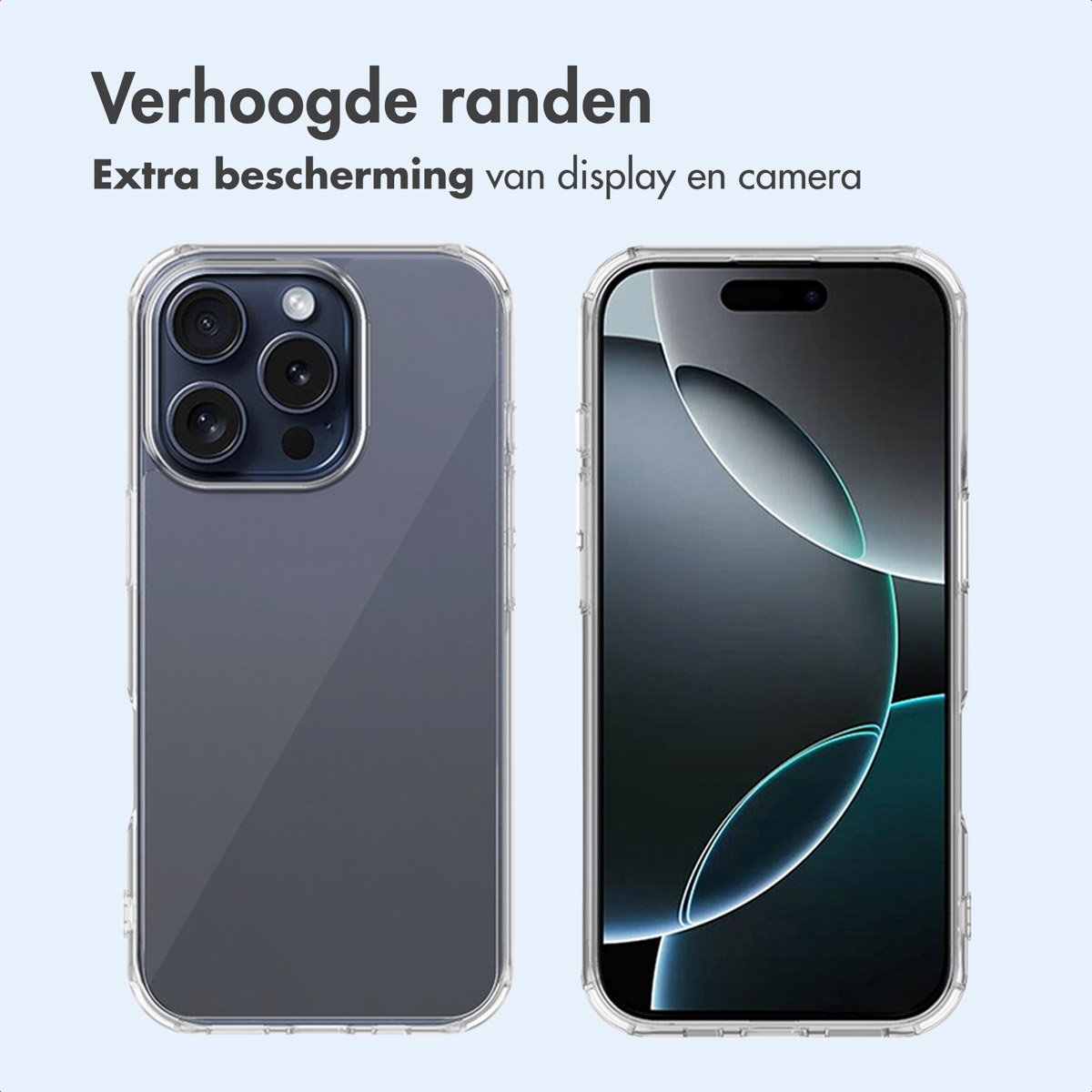 Twee telefoons in transparante hoesjes worden getoond. Eén heeft 4 lenzen, de andere een camera aan de voorkant.
