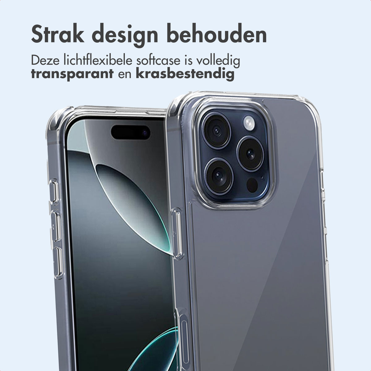 Een telefoonhoesje dat open is. Telefoon erin. Tekst in het Nederlands. Donkere achtergrond.