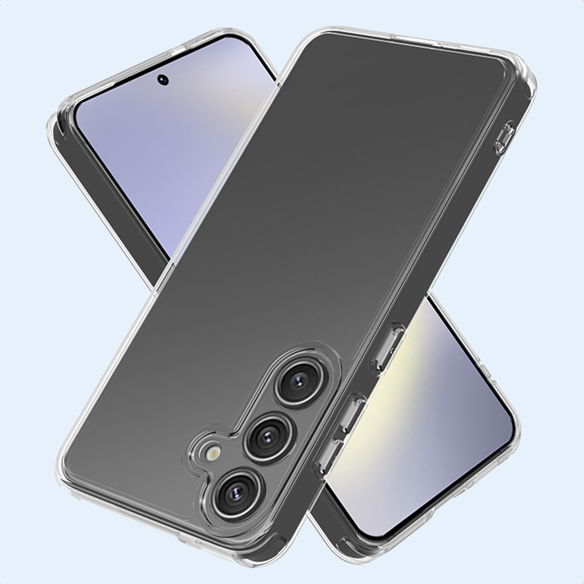 Due telefoni in custodie trasparenti. Un telefono è angolato verso lo spettatore. Sfondo blu.
