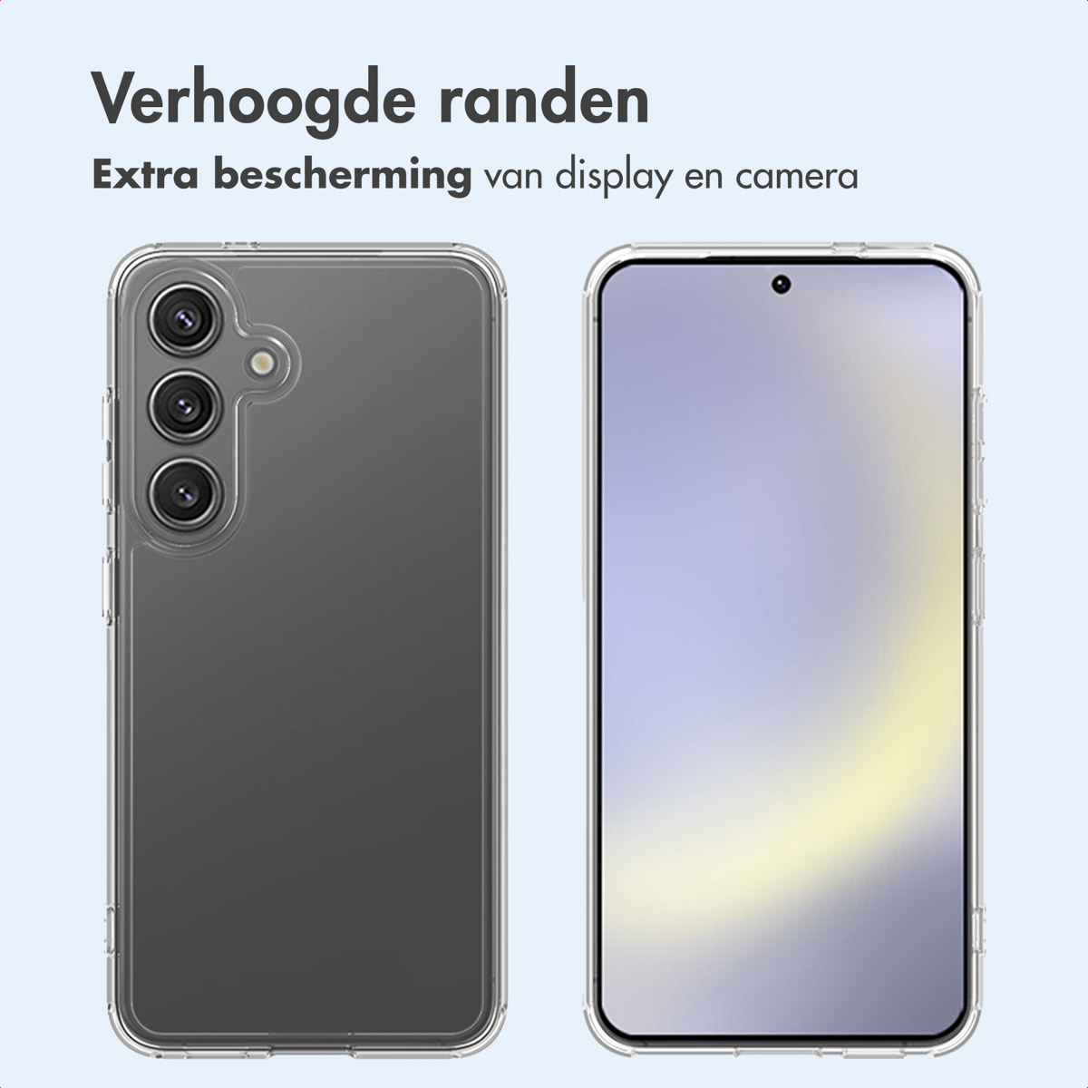 Vengono mostrati due telefoni. Uno ha 3 lenti, l'altro una fotocamera frontale. Entrambi sono in custodie trasparenti.