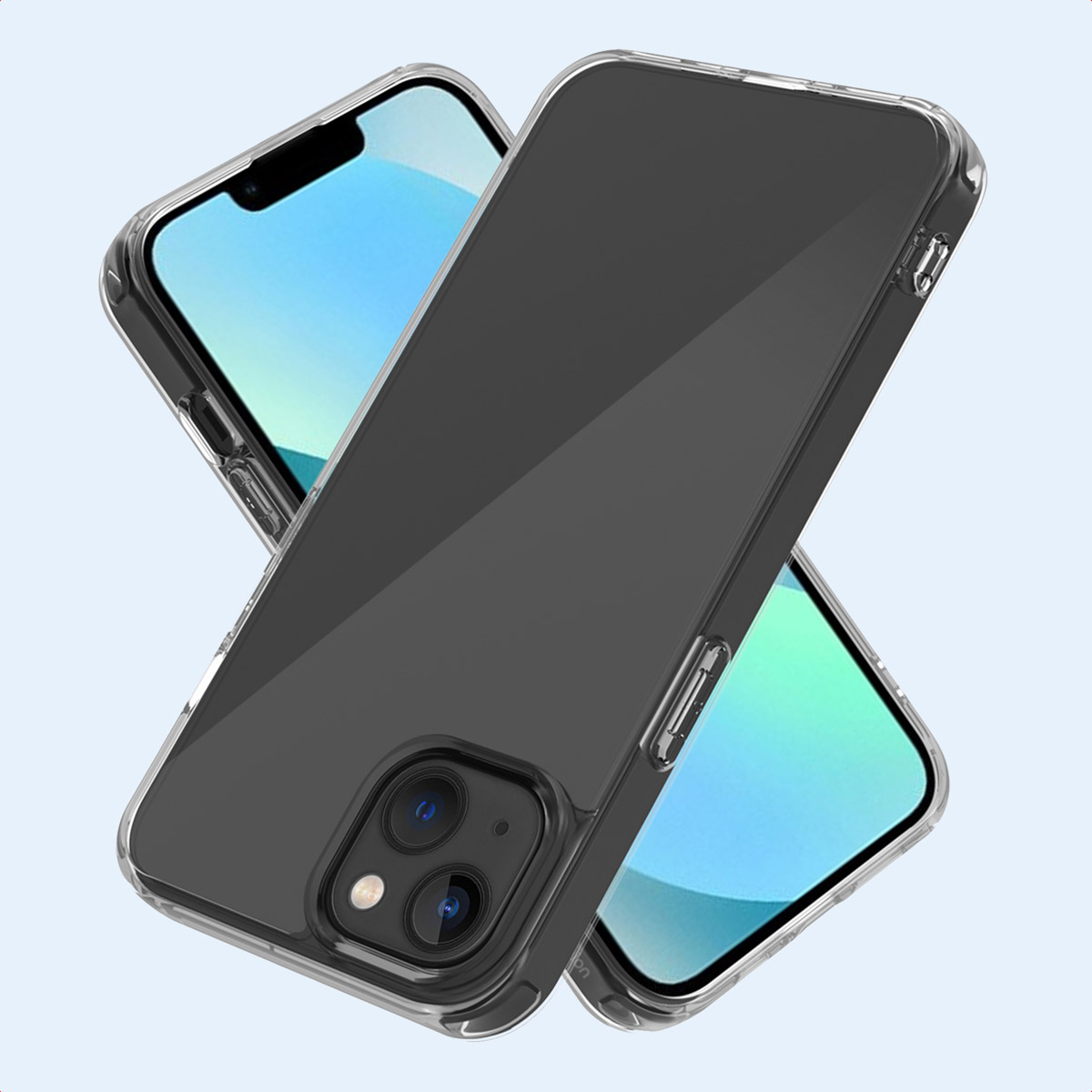 Vengono mostrati due telefoni in custodie trasparenti. Entrambi i telefoni sono angolati e mostrano le fotocamere.