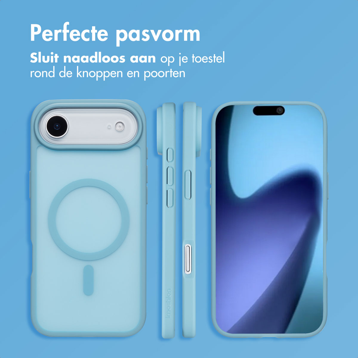 Drie telefoonhoesjes in verschillende aanzichten op een blauwe achtergrond. Nederlandse tekst. Hoesje lichtblauw.