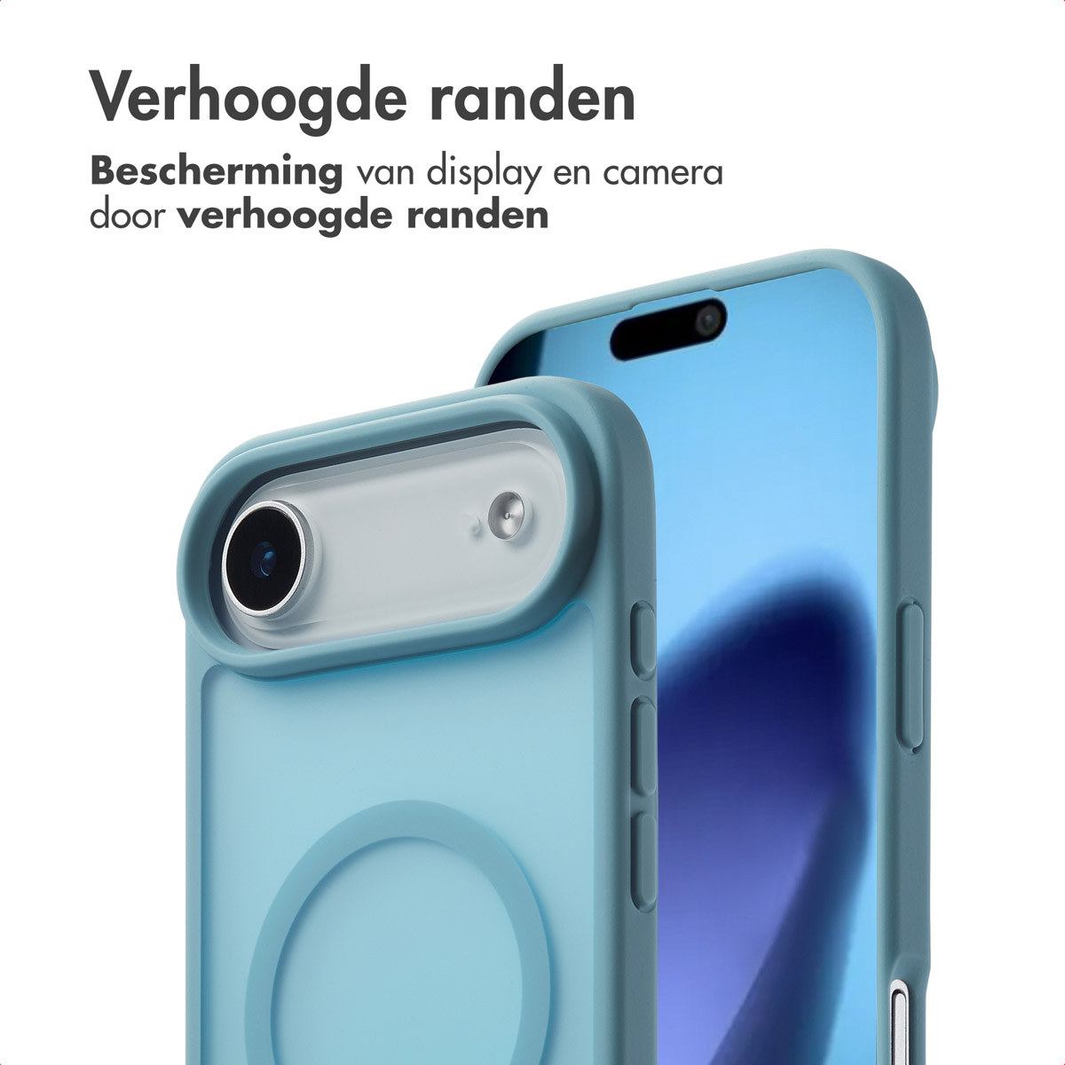 Een blauw telefoonhoesje beschermt een telefoon. De hoes heeft een magnetische ring. De cameralens is beschermd.