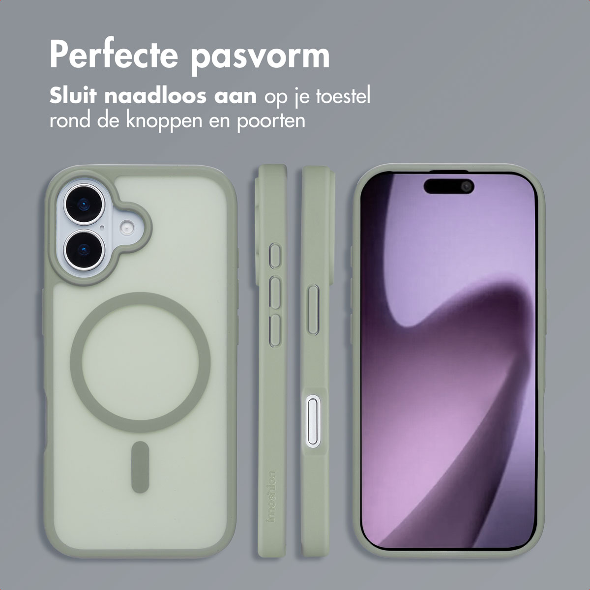 Drie aanzichten van een telefoonhoesje. De hoes is groen met een magnetische cirkel. De achtergrond is grijs.