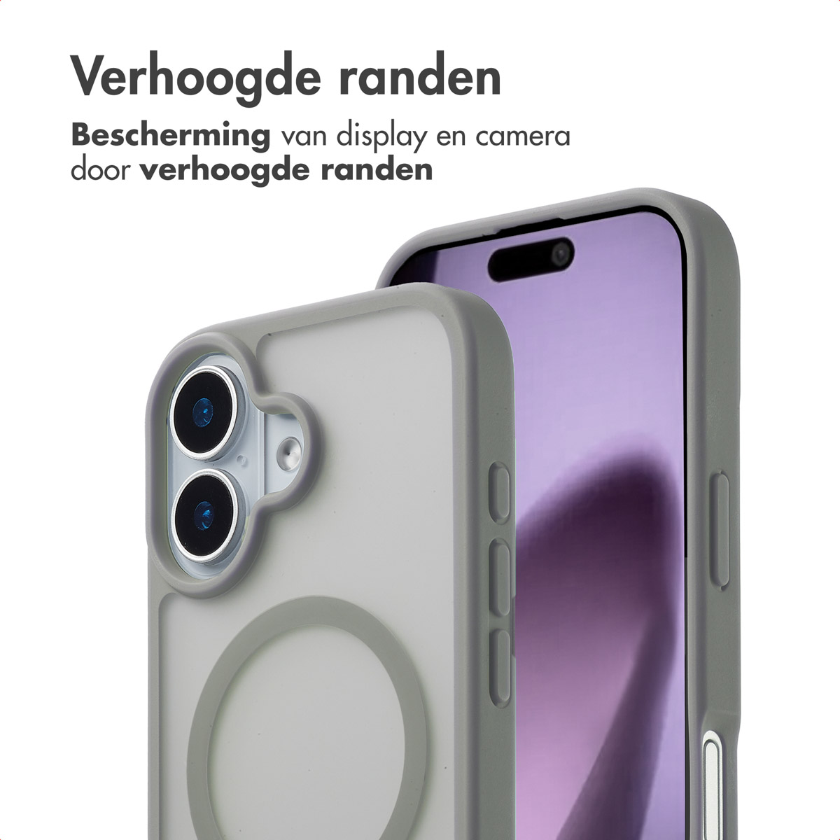 Een grijs telefoonhoesje beschermt een telefoon. De hoes heeft een magnetische ring. De cameralens is beschermd.