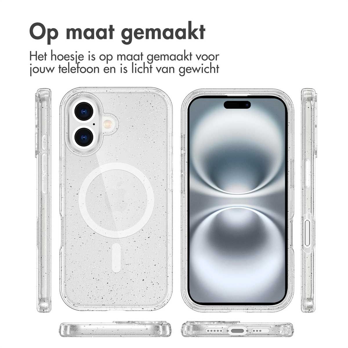 Transparante telefoonhoes met telefoon erin. De hoes heeft een cirkelvormig ontwerp op de achterkant. Verschillende hoeken worden getoond.