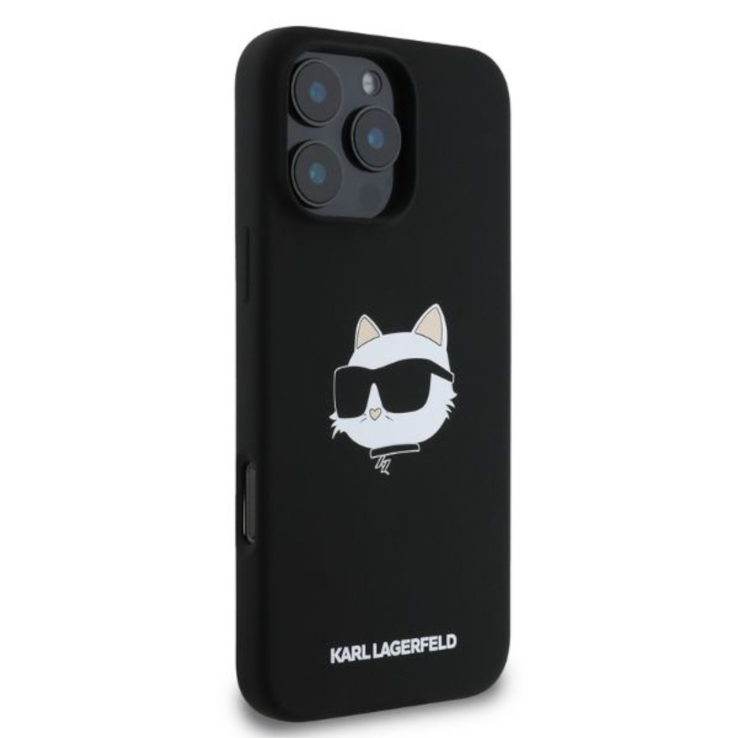 Funda negra con un gato blanco con gafas de sol. La marca es 'KARL LAGERFELD'.