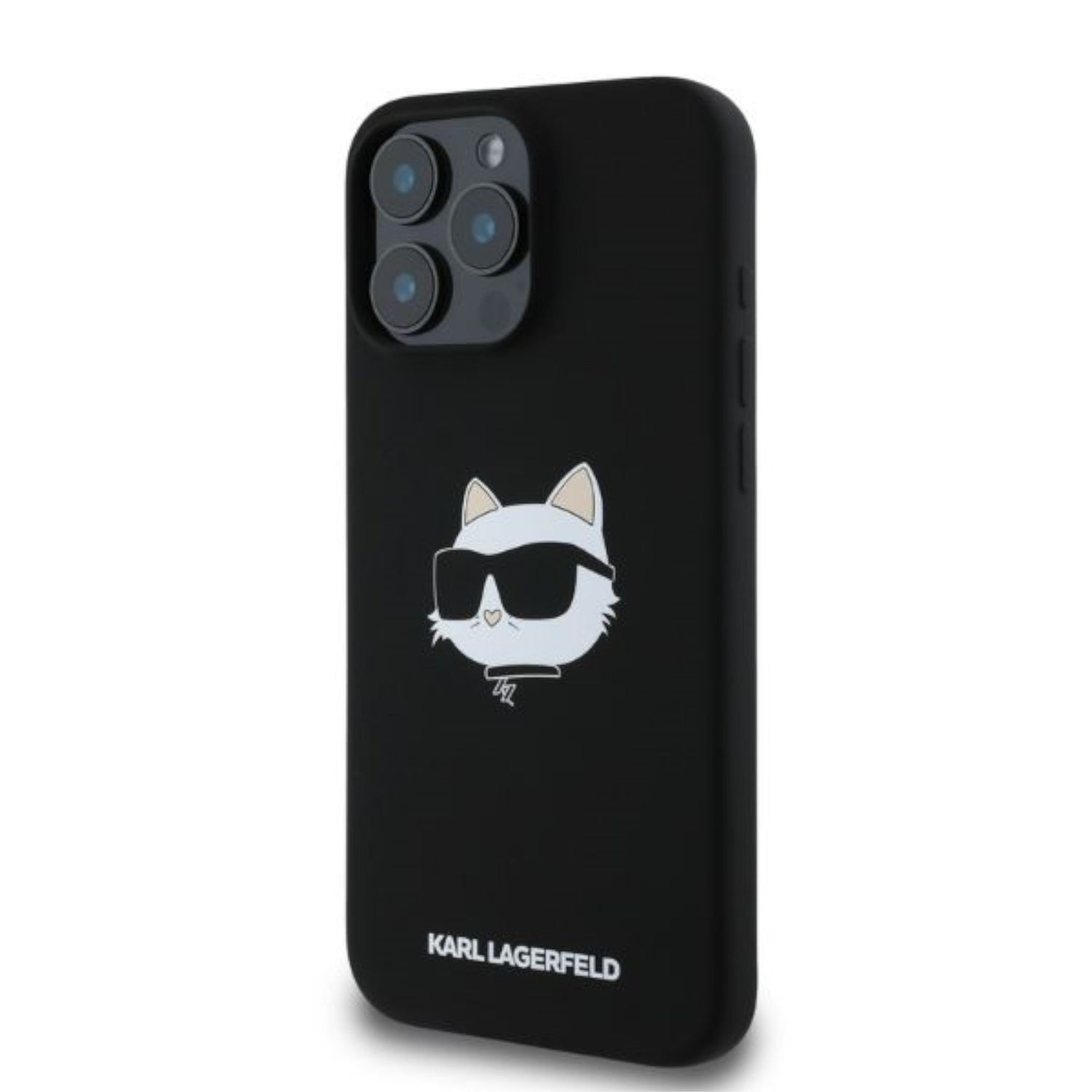 Funda negra con un gato blanco con gafas de sol. La marca es 'KARL LAGERFELD'.