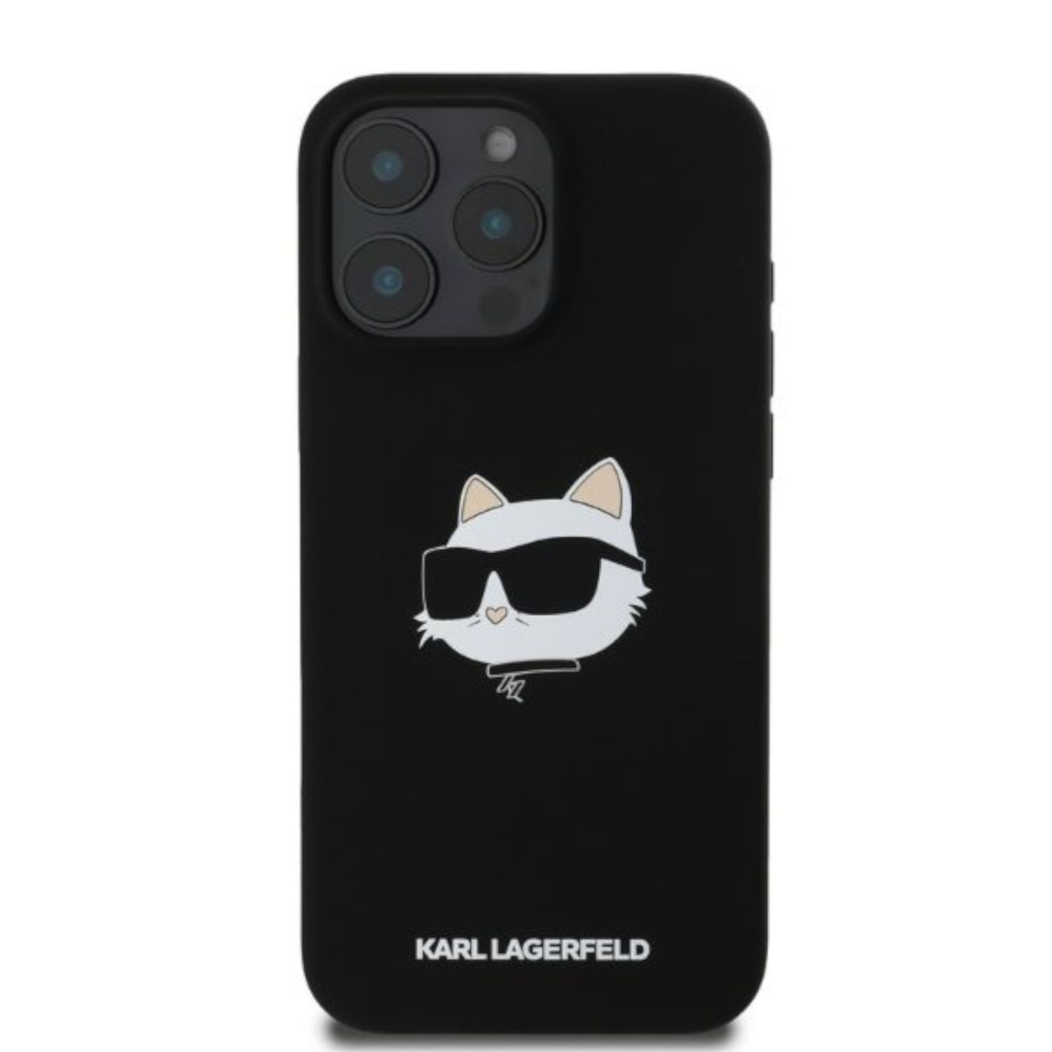 Una funda negra para teléfono con un gato blanco con gafas de sol. El texto 'KARL LAGERFELD' está en la parte inferior.