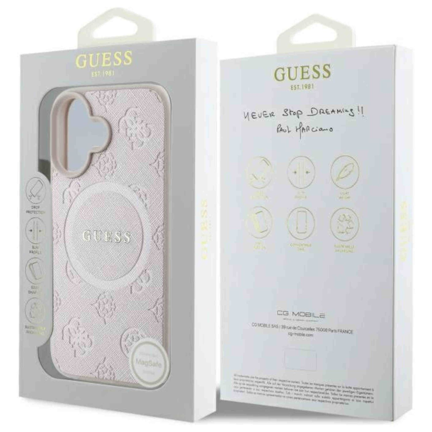 Eine rosa-weiße Guess-Handyhülle in einer Box. Die Box hat Text und Bilder, mit dem Guess-Logo prominent.