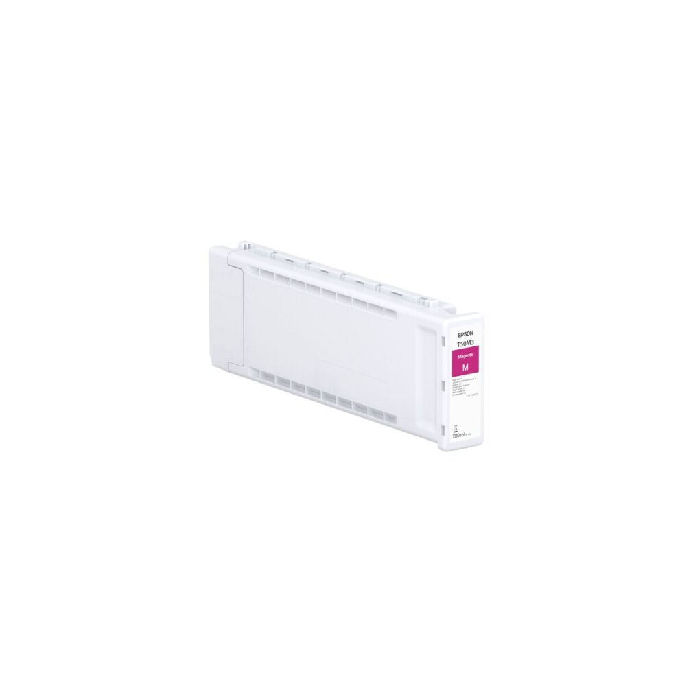 Eine weiße Epson-Tintenpatrone mit der Aufschrift 'Magenta M' auf weißem Hintergrund. Die Patrone hat eine rechteckige Form.
