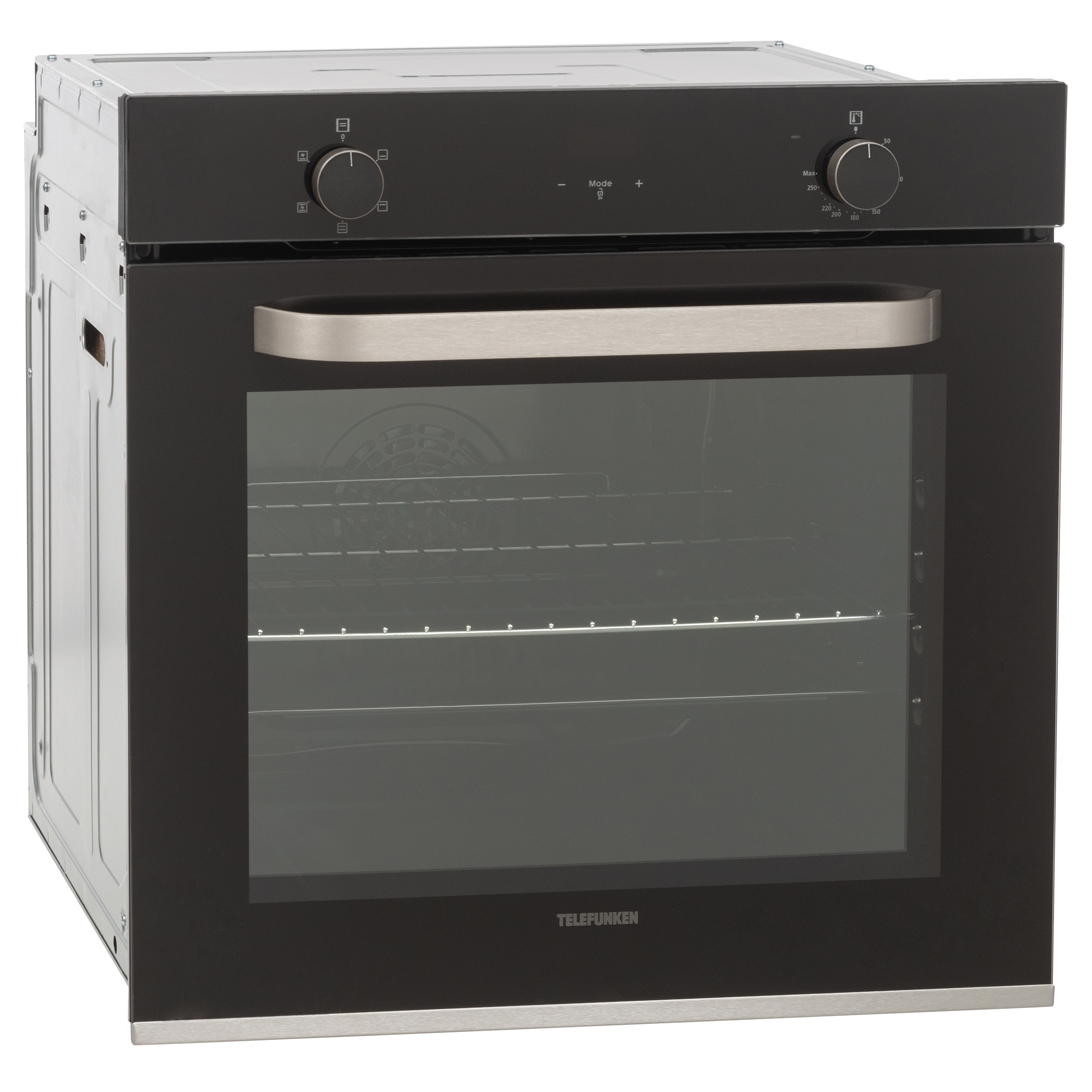 Schwarzer Backofen im Küchenschrank, mit Glastür.