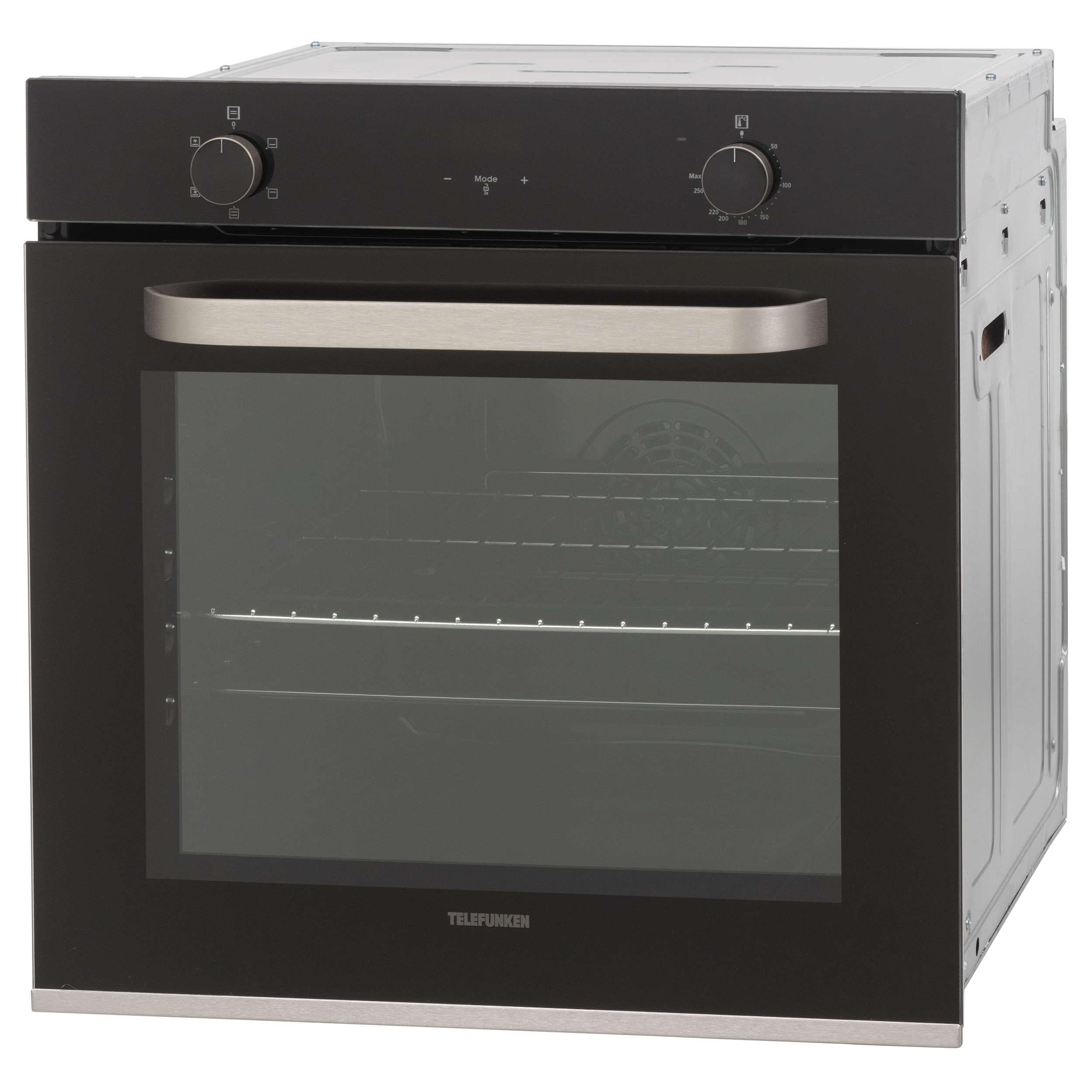 Schwarzer Backofen im Küchenschrank, mit Glastür.