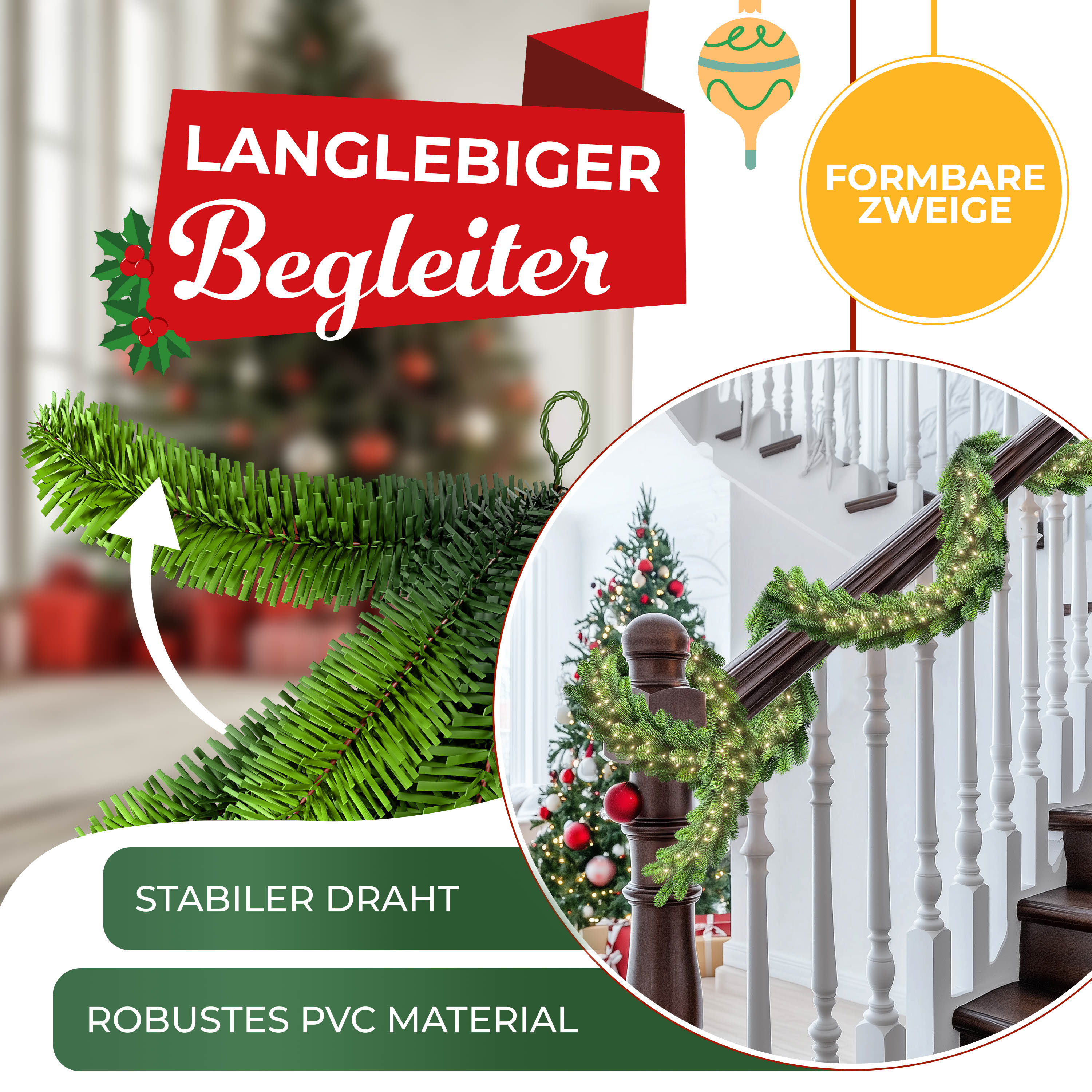 Weihnachts-Girlande auf einer Treppe mit geschmücktem Baum im Hintergrund. Festliche Dekorationen und Urlaubsstimmung.