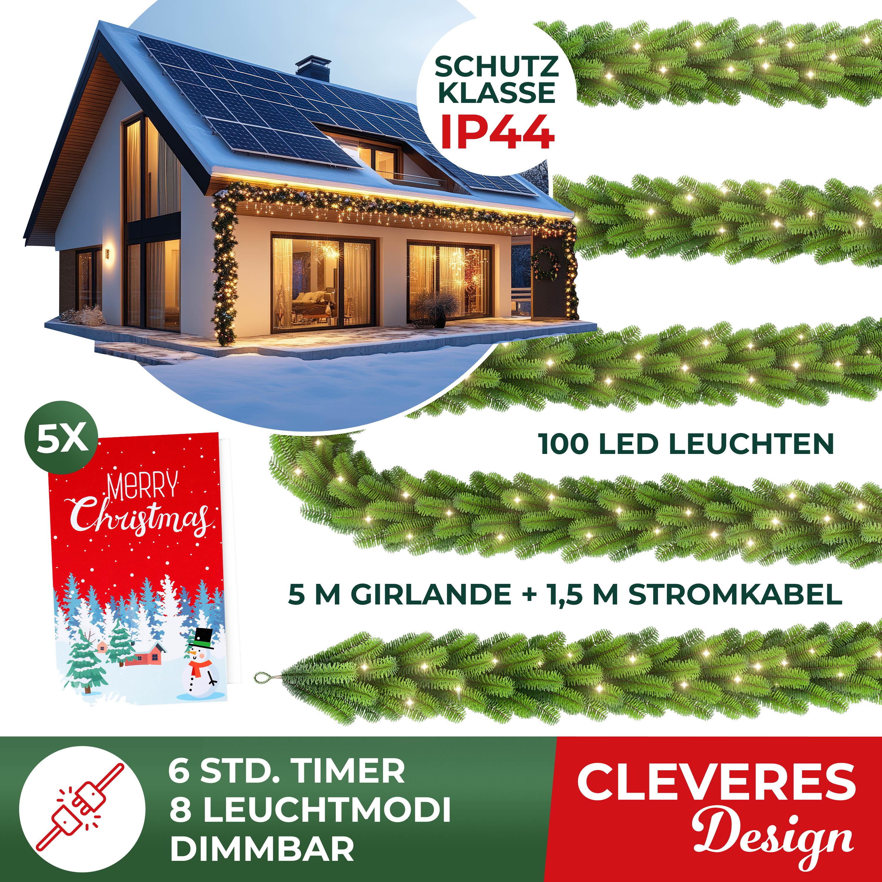 Ein Haus mit Sonnenkollektoren, Girlande und einer 'Merry Christmas'-Karte mit einem Schneemann. Text: 6 Std. Timer, 8 Leuchtmodi, dimmbar.