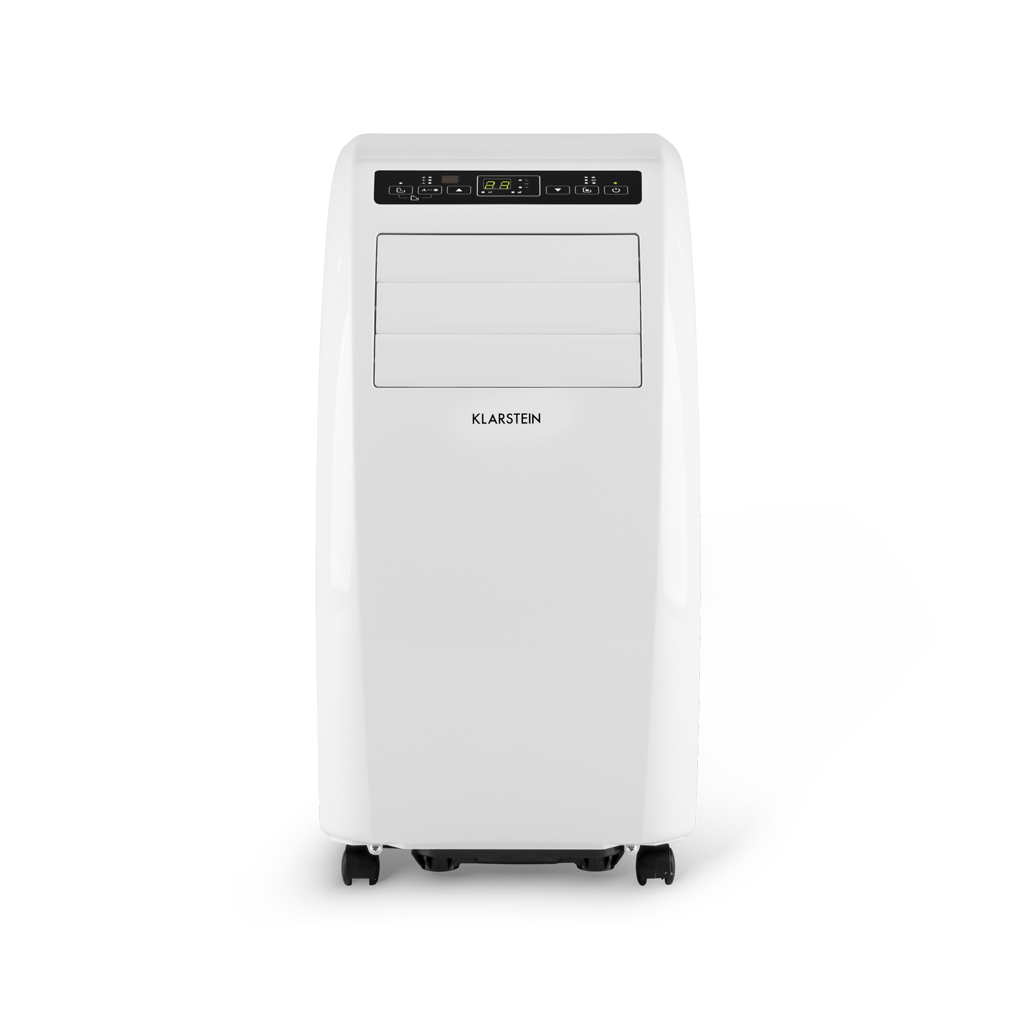 Eine weiße Klarstein-Klimaanlage steht vor einem weißen Hintergrund und verfügt über ein digitales Display und Lüftungsschlitze.