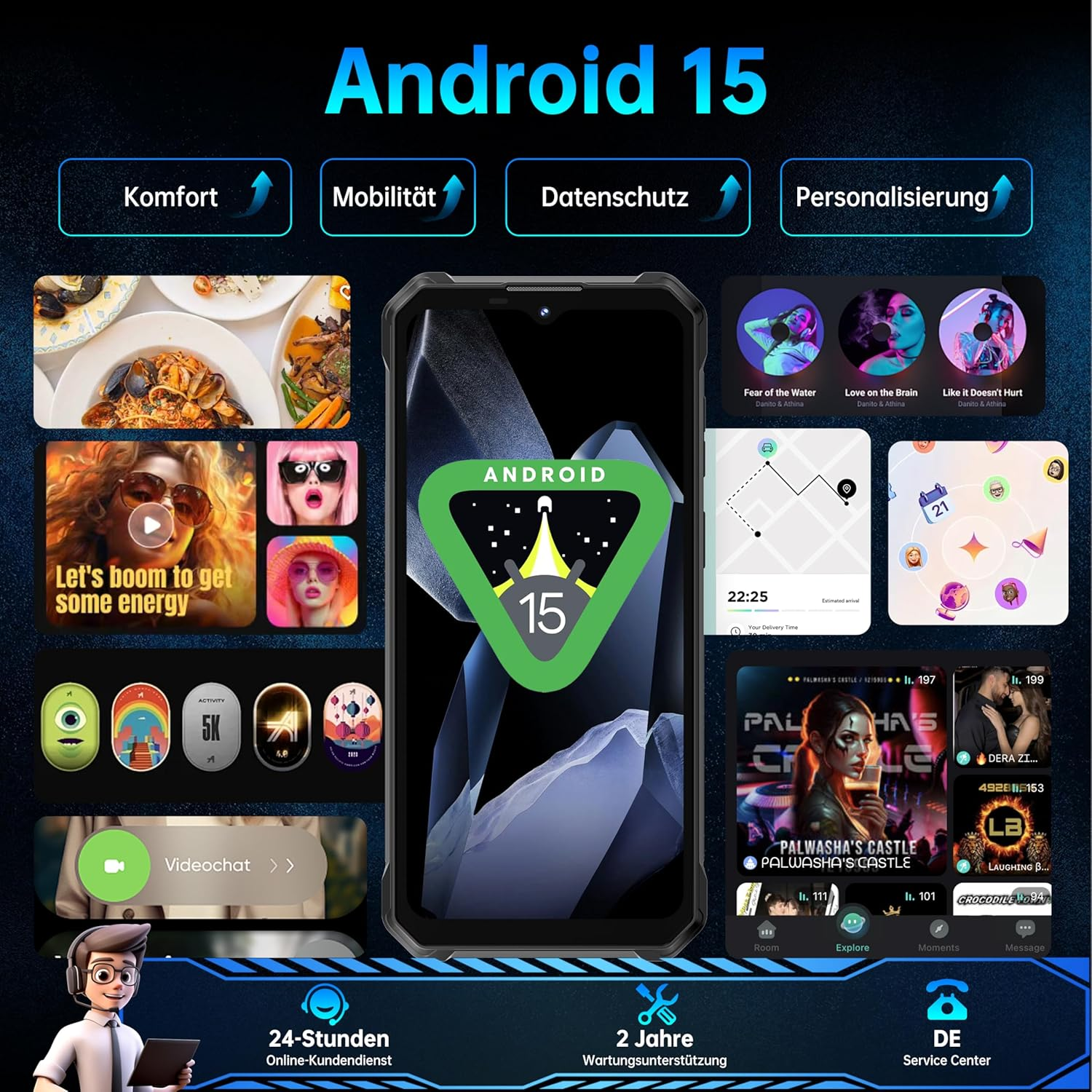 Telefono Android 15 con icone delle funzioni. Visualizzazione di app ed elementi dell'interfaccia utente. Un personaggio dei cartoni animati tiene in mano un tablet.
