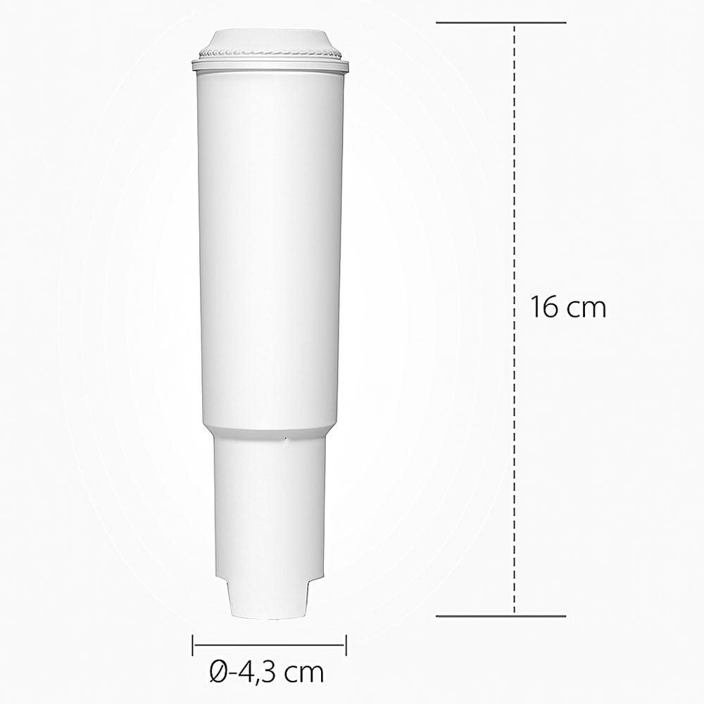 Ein weißer Wasserfilter mit Größenangaben: 16 cm hoch und 4,3 cm Durchmesser, vor weißem Hintergrund.