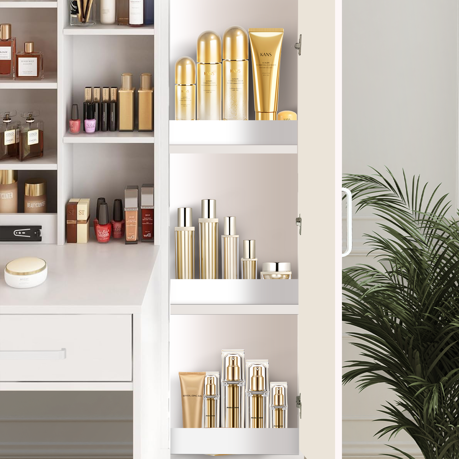 Nahaufnahme eines weißen Schminktischschranks mit Make-up-Produkten. Enthält verschiedene Flaschen, Cremes und Nagellack. Grüner Pflanze im Hintergrund.