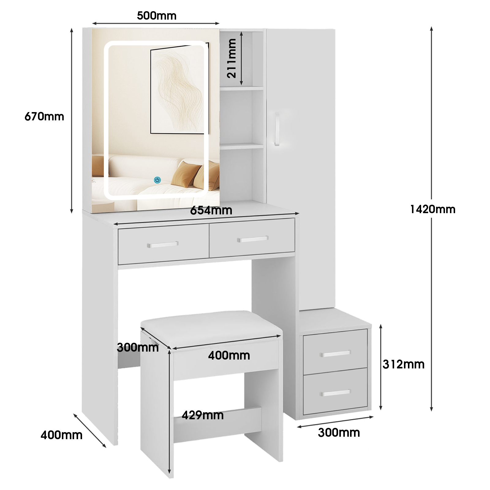 Weißes Schminktisch-Set mit Maßangaben. Enthält Spiegel, Schubladen, Hocker und einen Schrank. Maße sind in Millimetern angegeben.