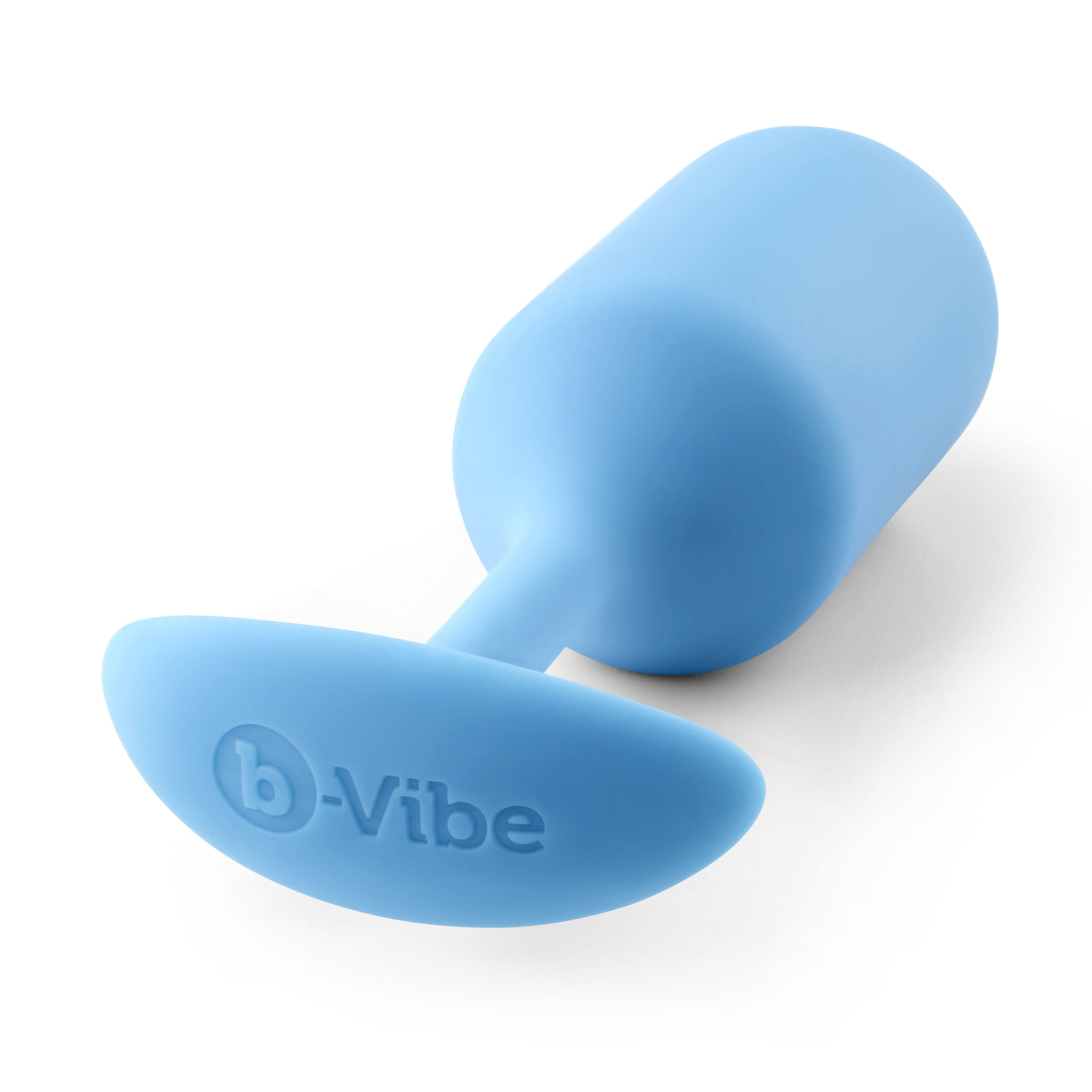Ein blauer, gebogener Anus-Plug mit einem Sockel und einem Markenlogo auf weißem Hintergrund.
