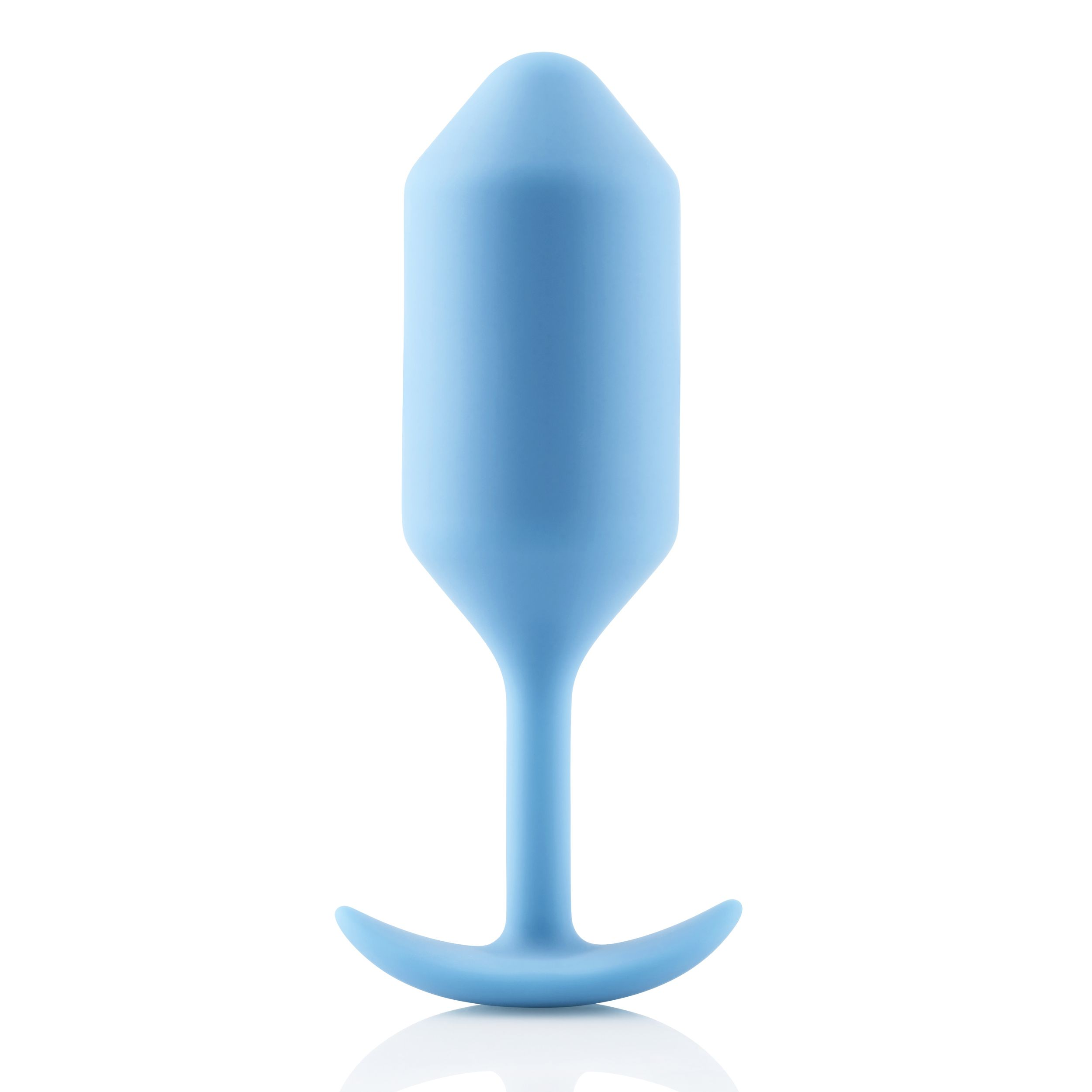 Blauer Anus-Plug mit rundem Kopf und ausgestellter Basis. Weißer Hintergrund.