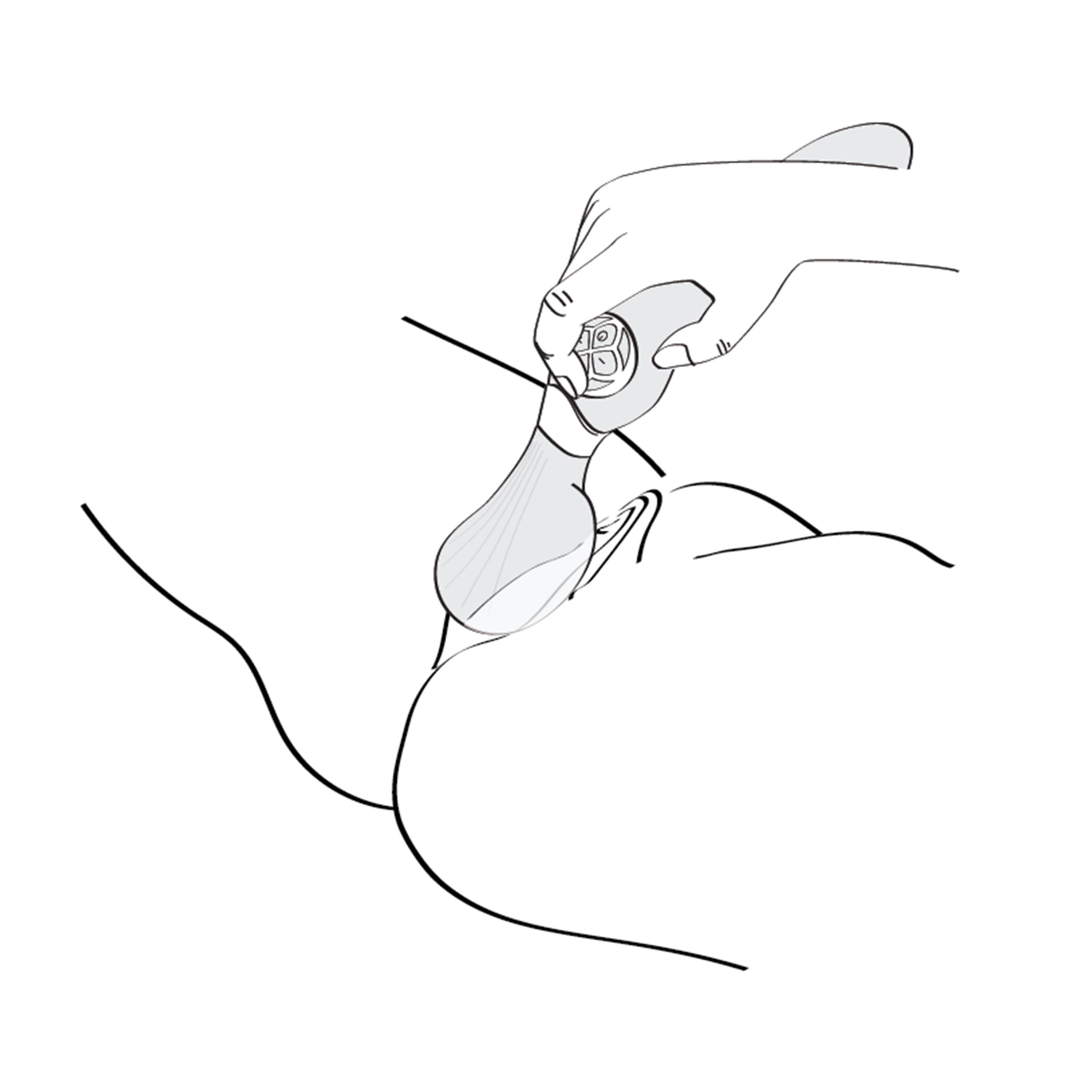 Dibujo lineal de una mano insertando un juguete en el cuerpo de una persona. Fondo blanco.