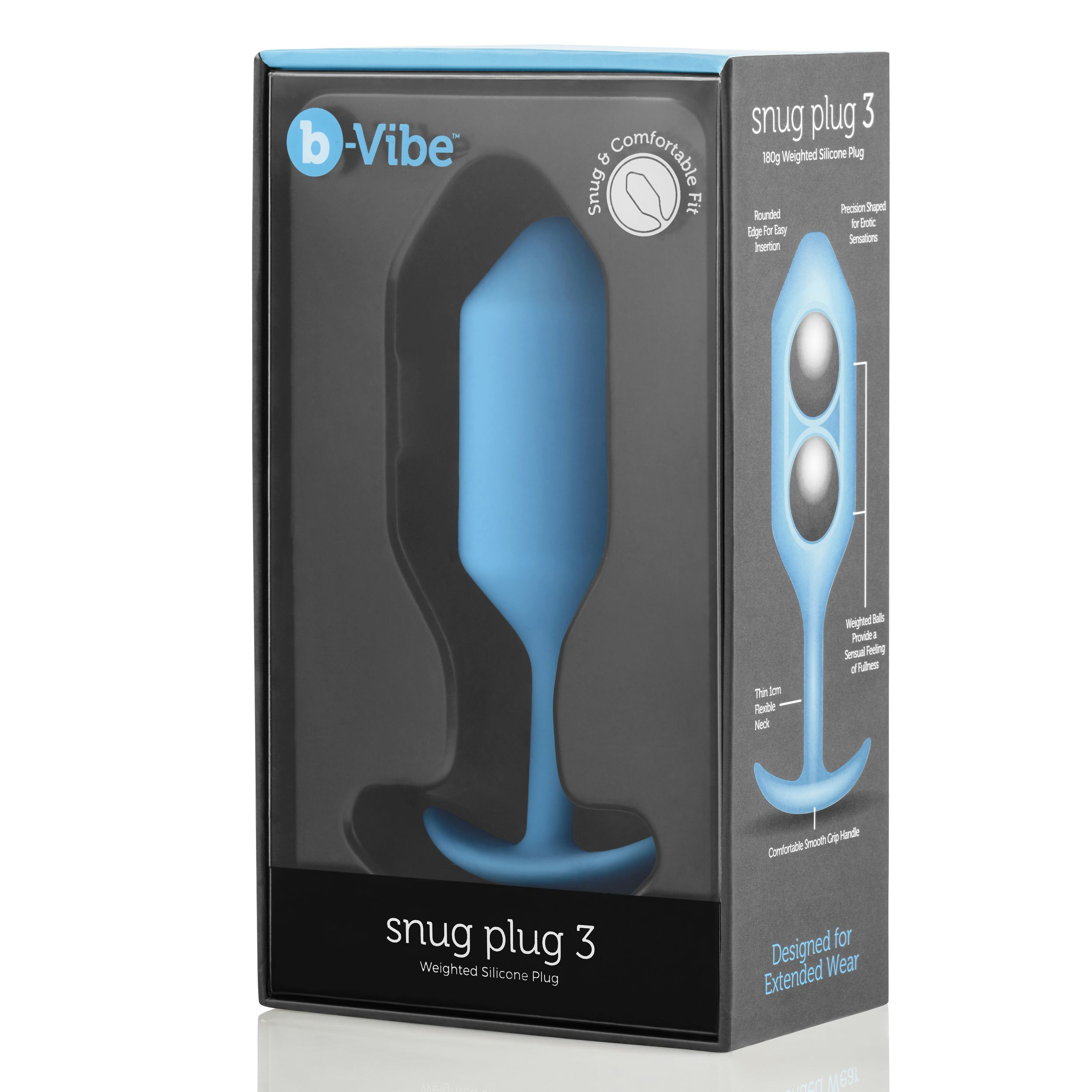 Ein blauer Analplug in einer Box, mit Text, der das Produkt und seine Eigenschaften beschreibt.