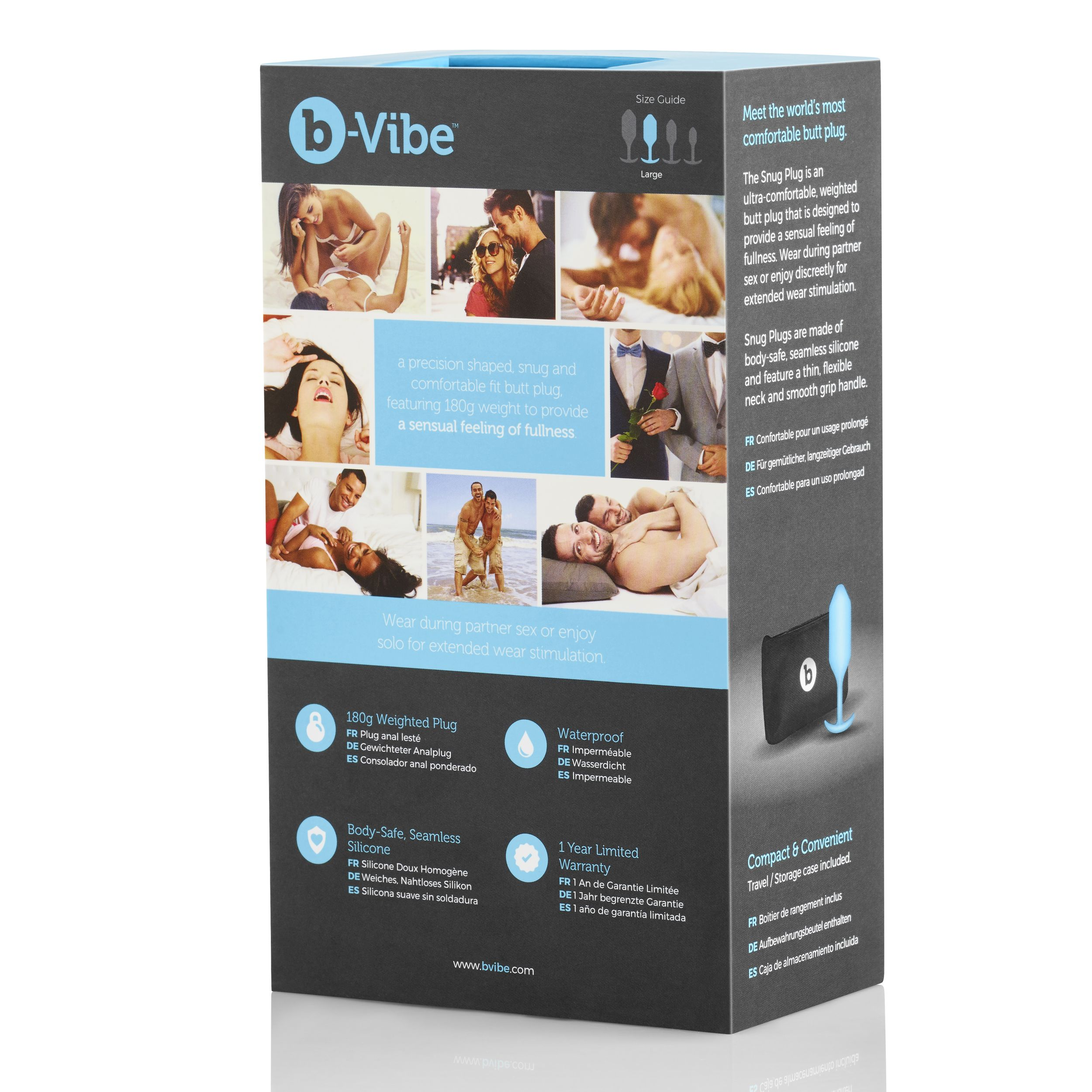 Produktbox mit Text und Bildern eines Anus-Plug. Text hebt Eigenschaften und Markennamen hervor.