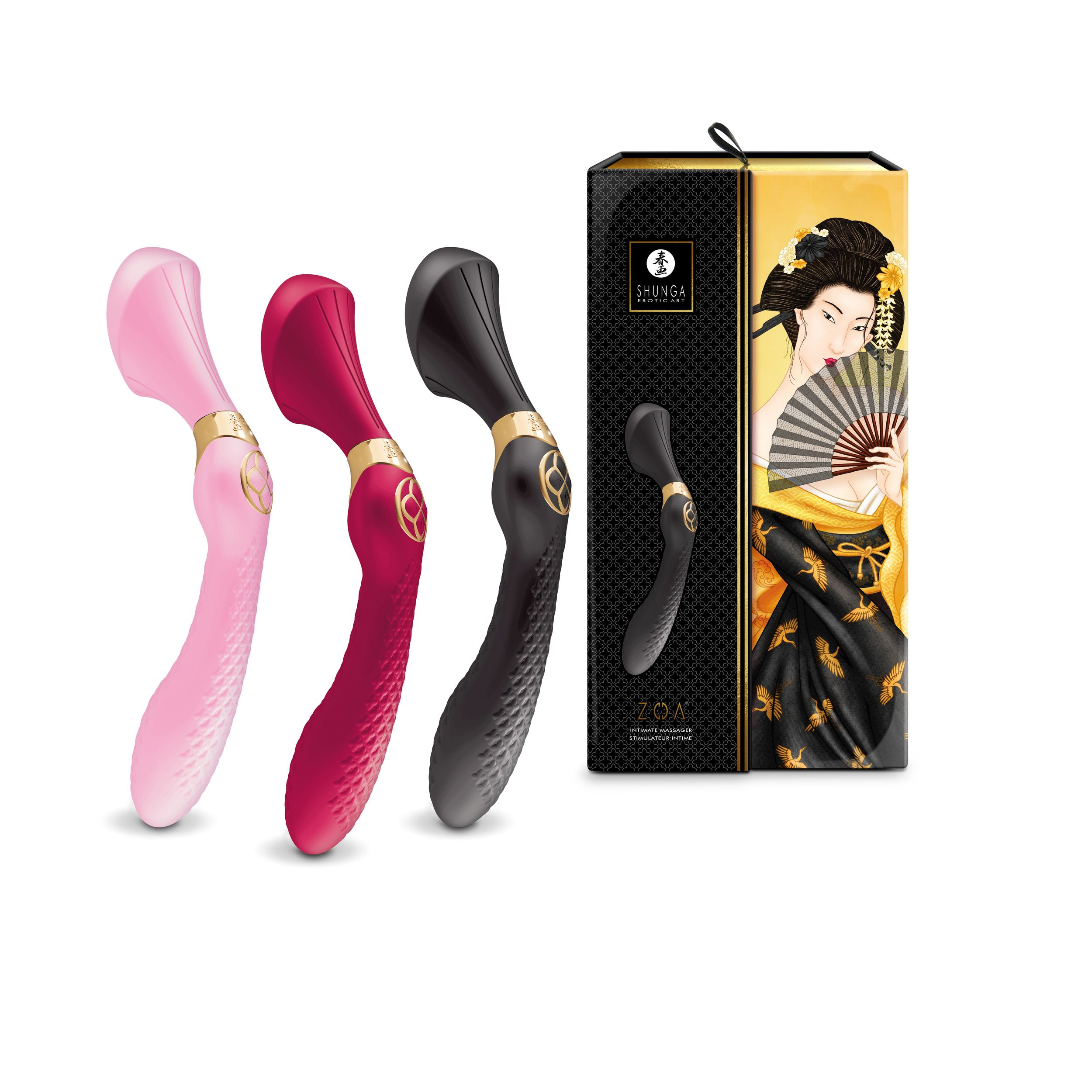 Drei Vibratoren, rosa, rot und schwarz, mit einer Schachtel, die eine Frau im Kimono zeigt.