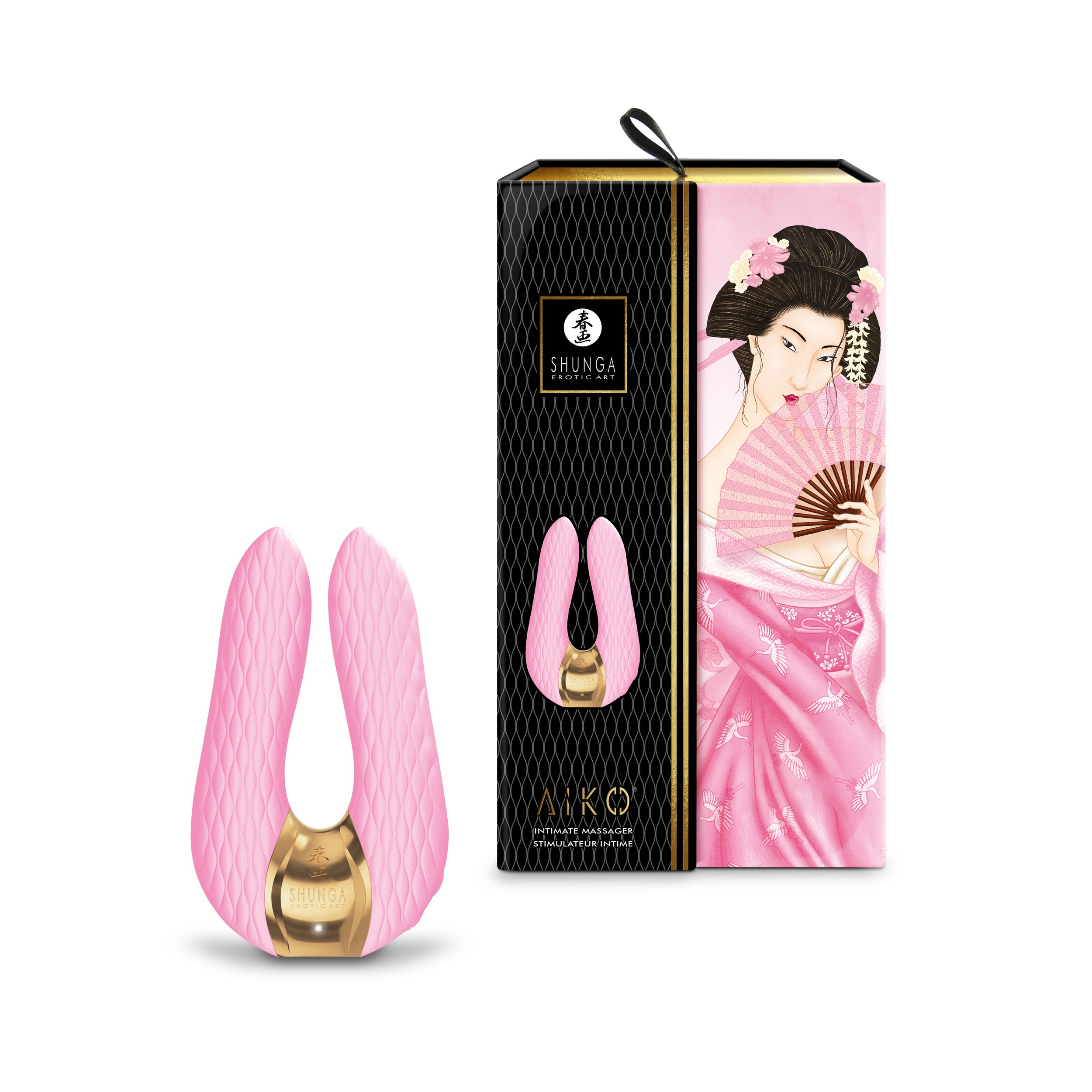 Juguete sexual rosa junto a una caja con una ilustración de geisha. Fondo blanco.