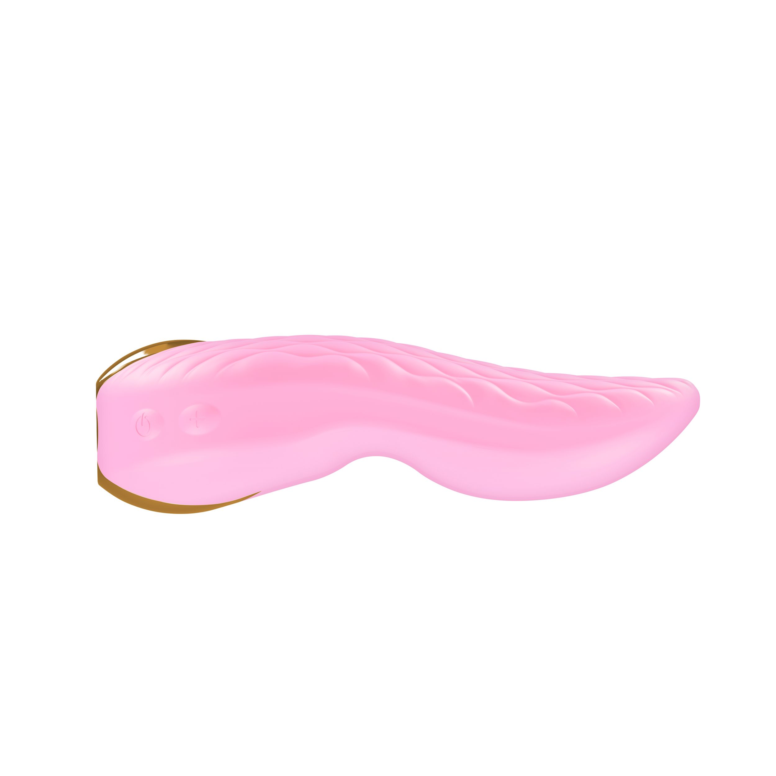 Juguete sexual rosa con detalles dorados, fondo blanco. El juguete es curvo y tiene una superficie texturizada.