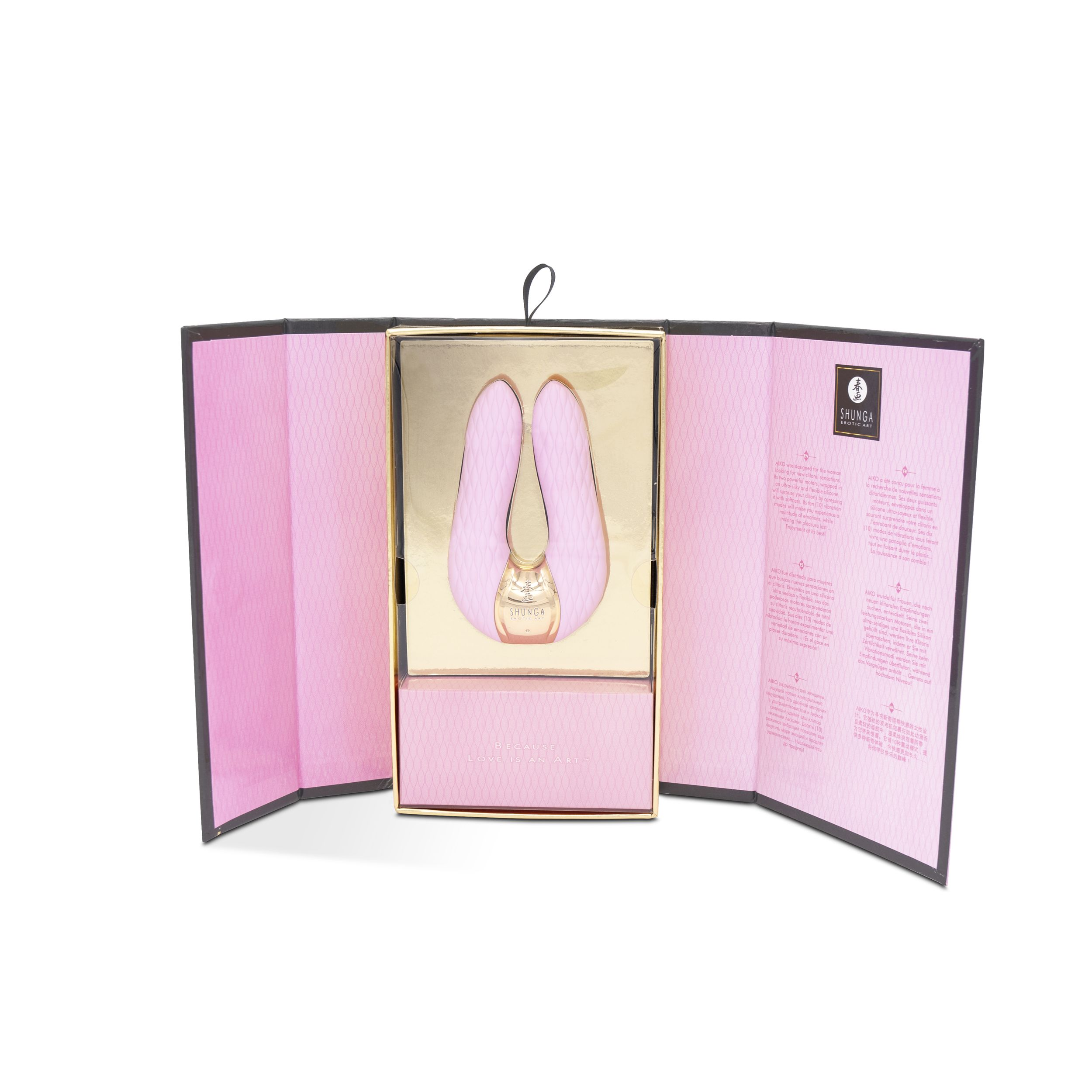 Masajeador rosa dentro de una caja abierta, con interior rosa estampado y texto en las solapas.
