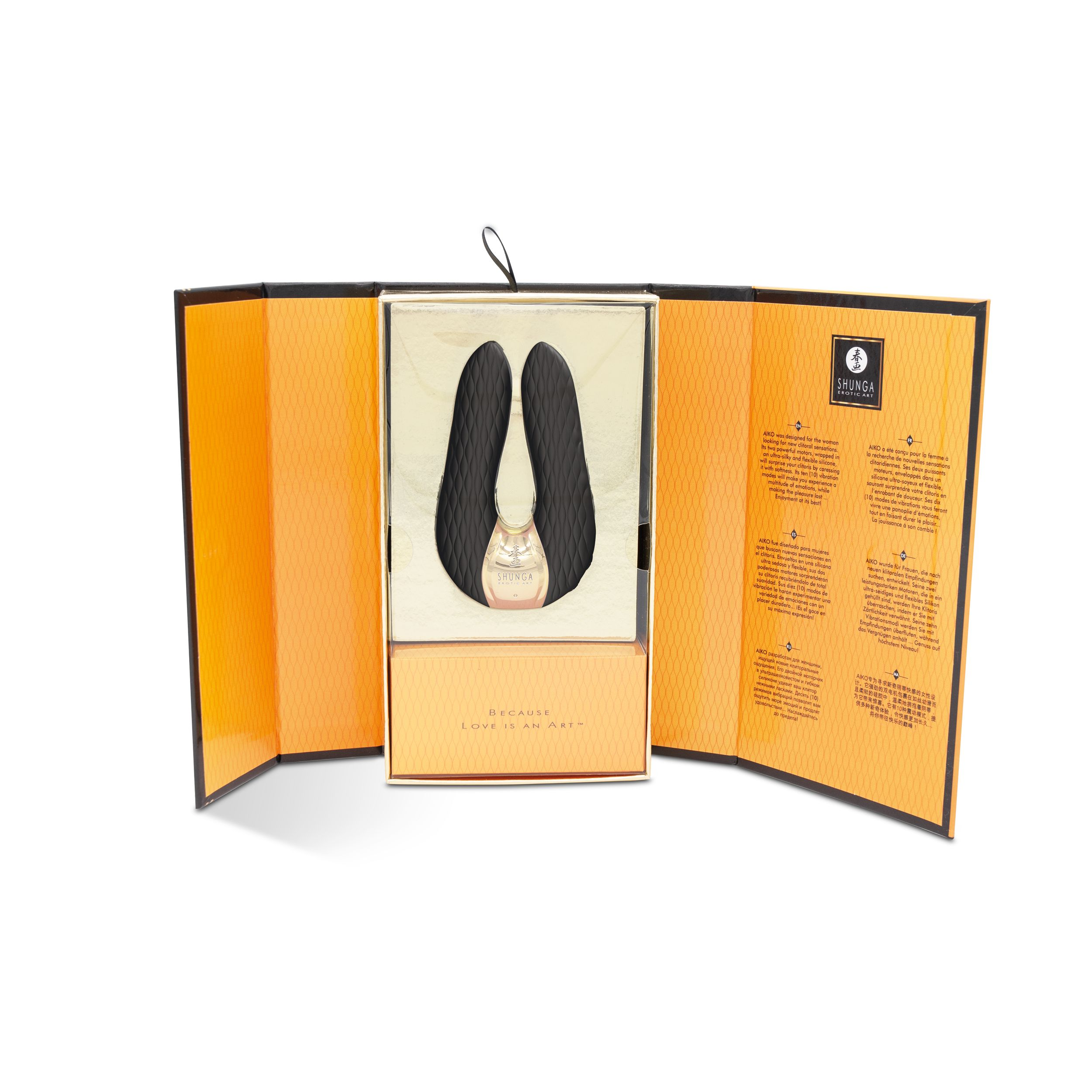 Caja abierta con interior dorado, inserciones negras y un juguete sexual rosa.