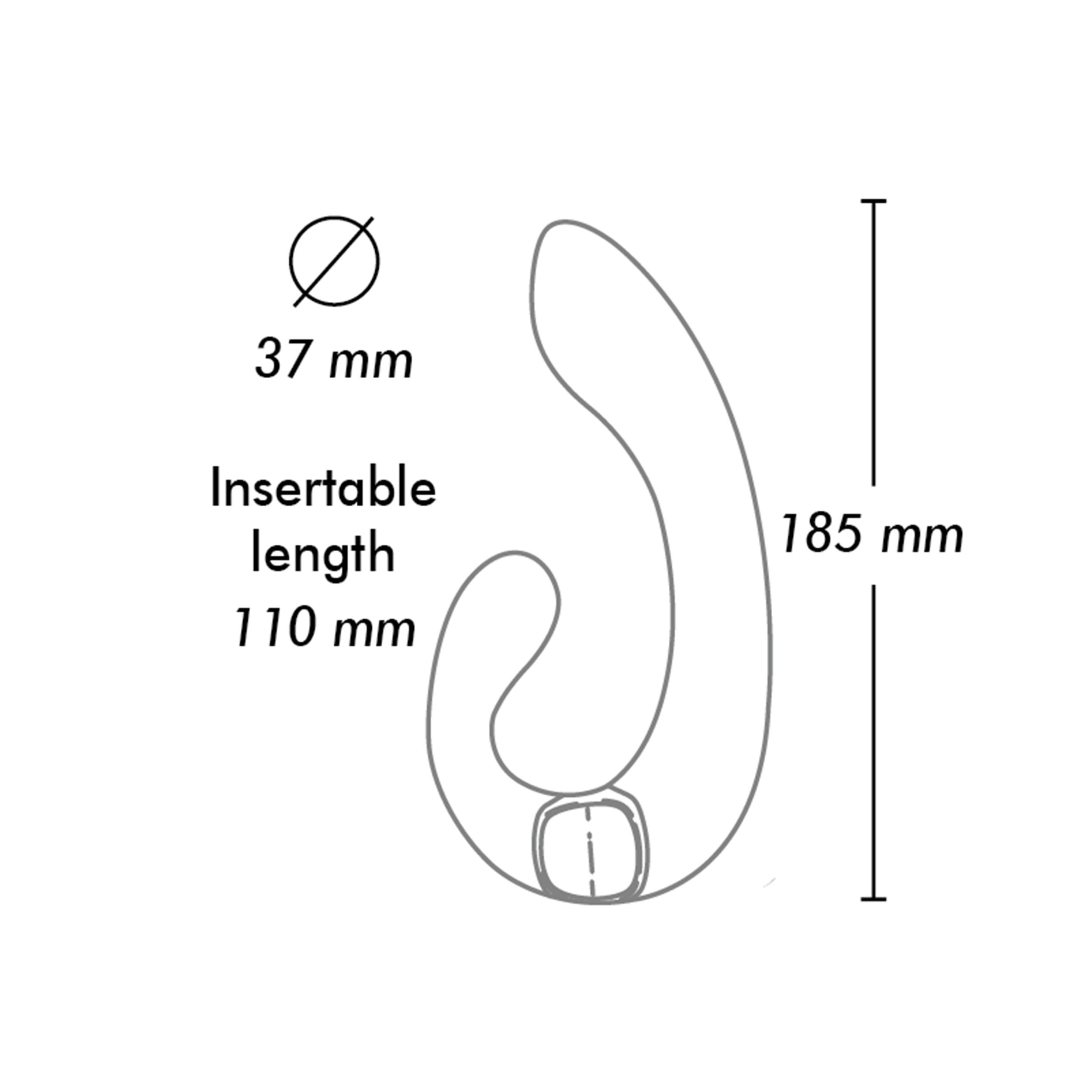 Un dibujo lineal de un vibrador curvo. Las dimensiones están etiquetadas: 37 mm de diámetro, 110 mm de longitud insertable, 185 mm de altura.