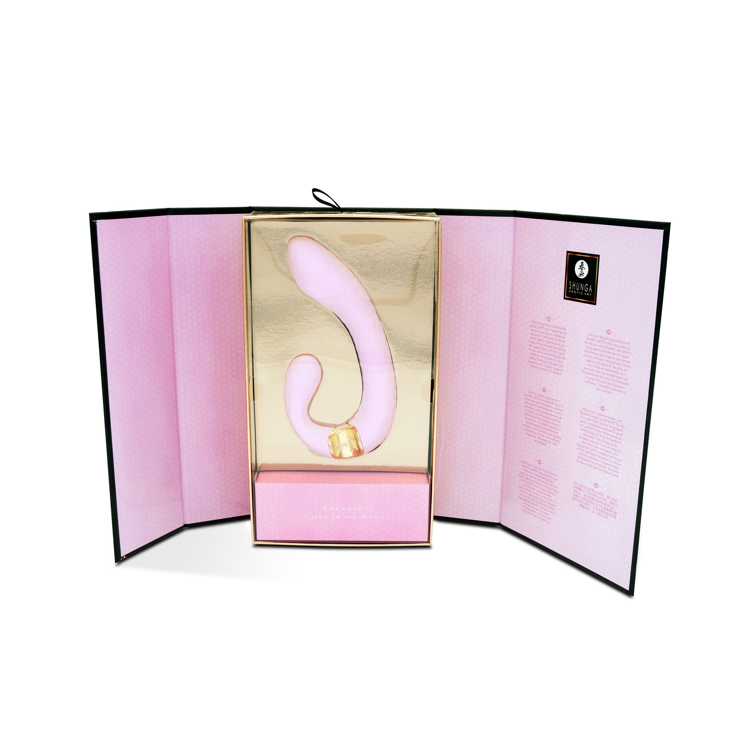 Caja abierta con un juguete rosa dentro, interior dorado, con texto e imágenes.