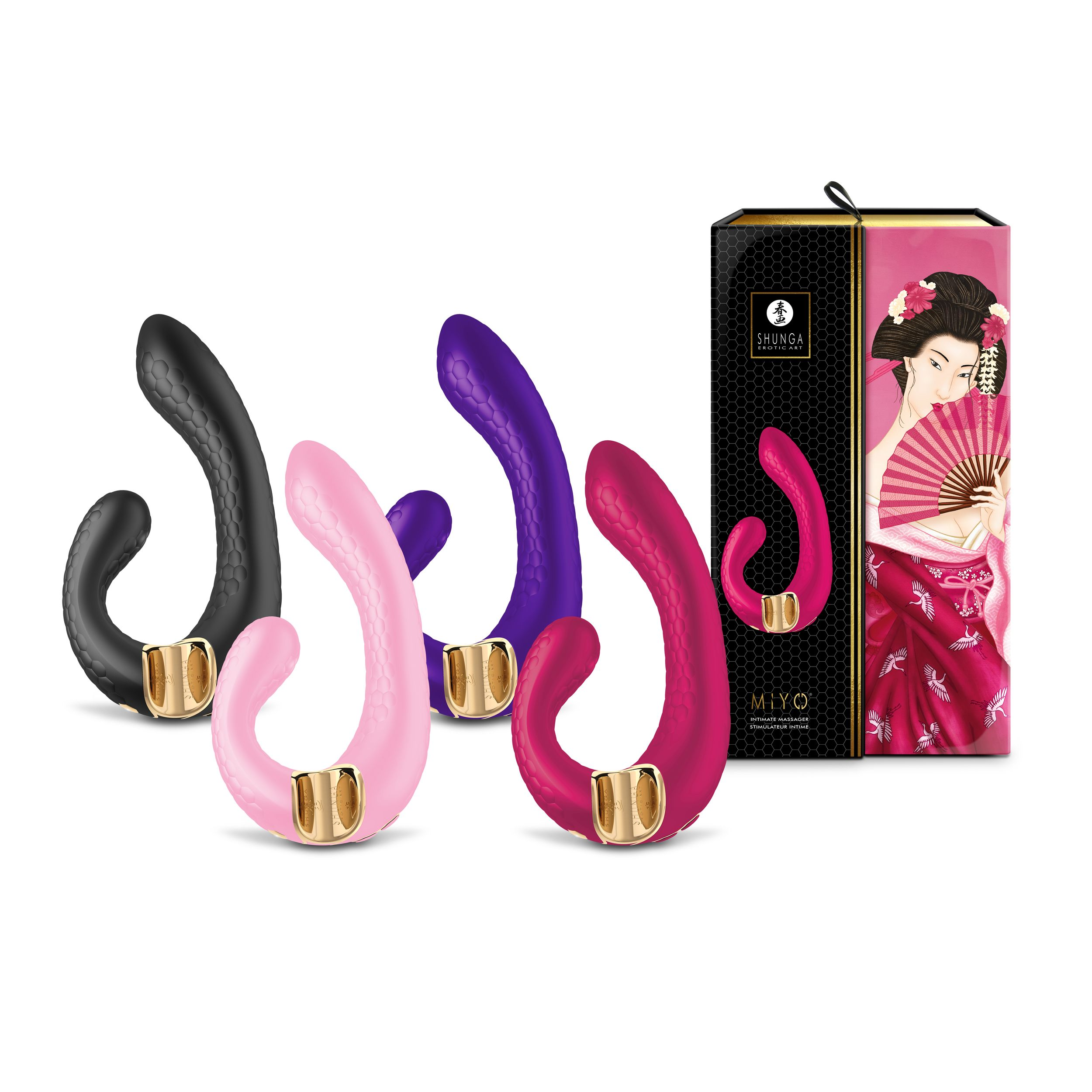 Cuatro vibradores: negro, rosa, morado y rojo, con una caja de geisha. Todos son curvos. La caja tiene una ilustración de geisha.