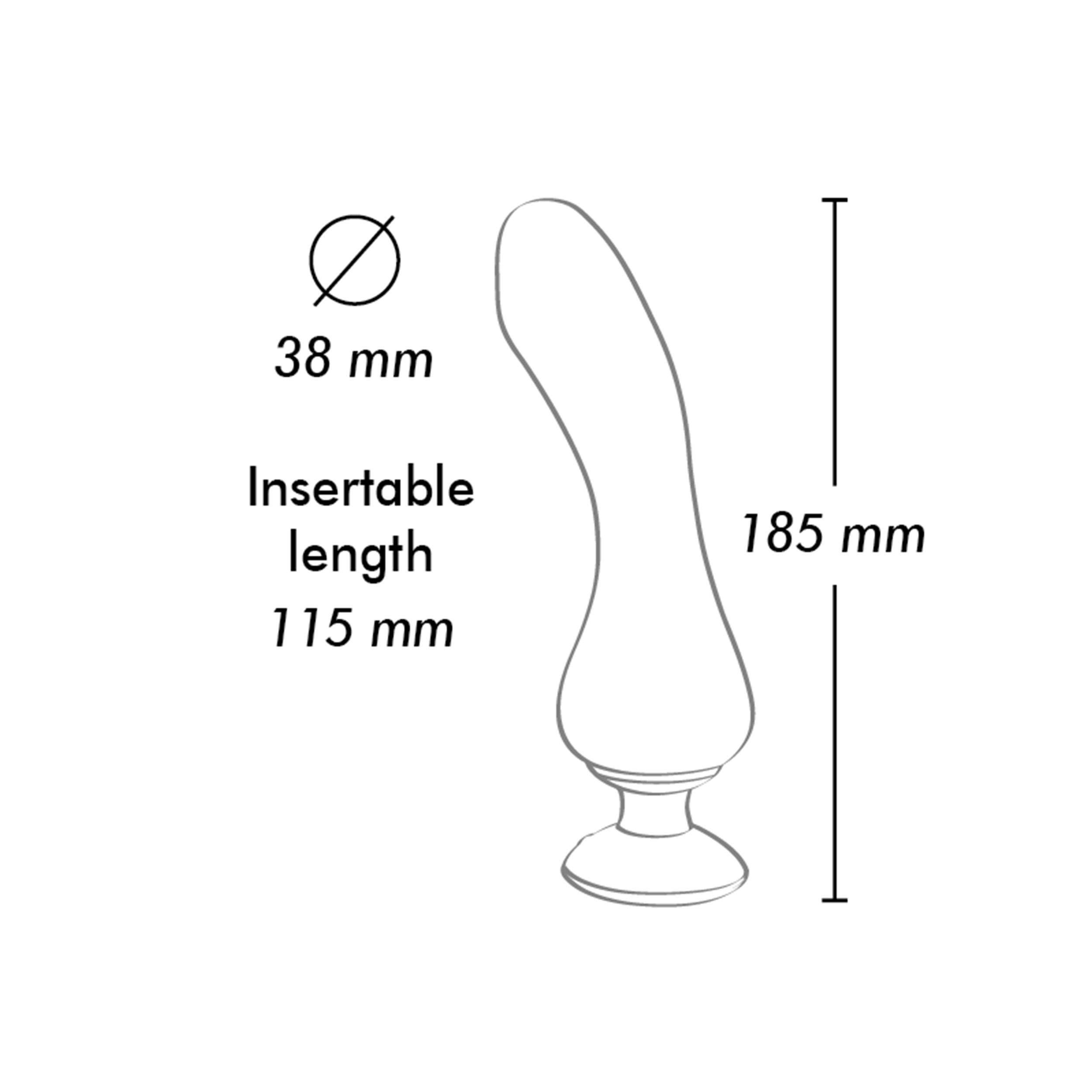 Un dibujo lineal de un vibrador curvo. Las dimensiones están etiquetadas: 38 mm de diámetro, 115 mm de longitud insertable, 185 mm de altura.
