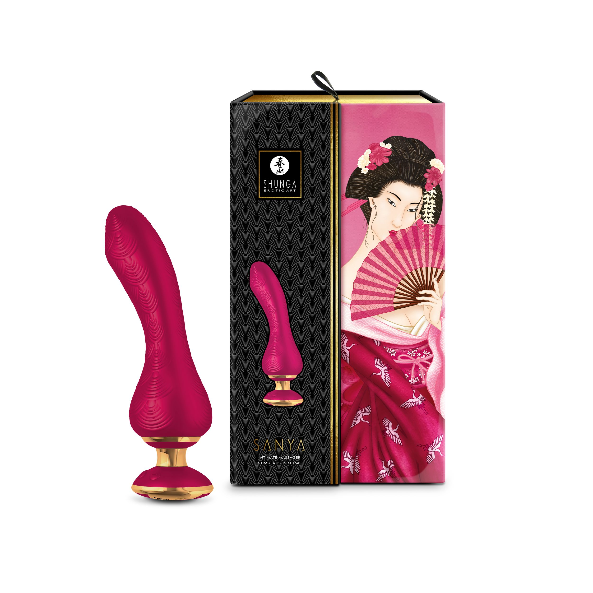 Un vibrador y una caja con una ilustración de geisha. El vibrador es rosa y dorado. La caja tiene una geisha.