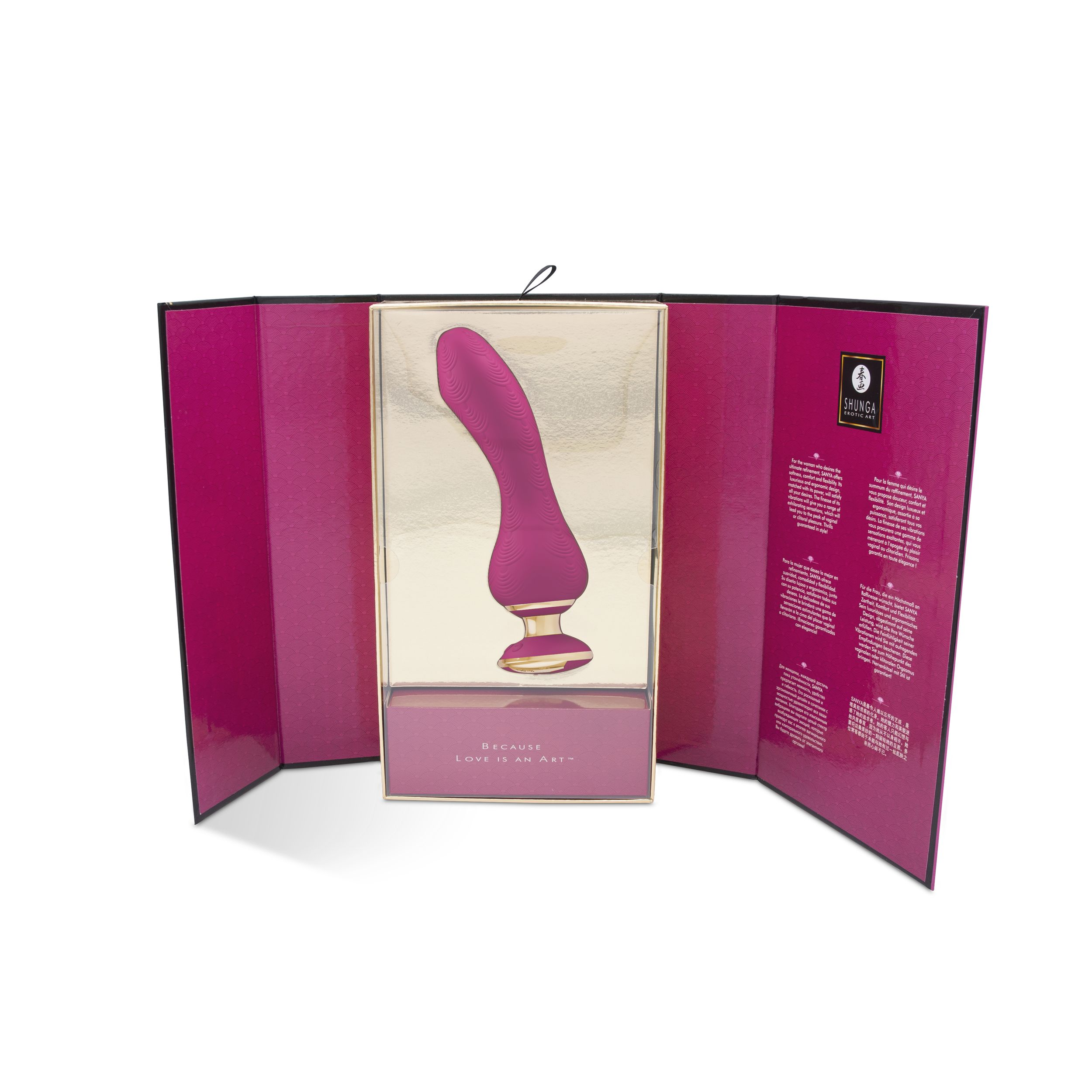 Vibrador morado en una caja. La caja tiene un interior dorado. El texto dice 'Porque el amor es un arte'.