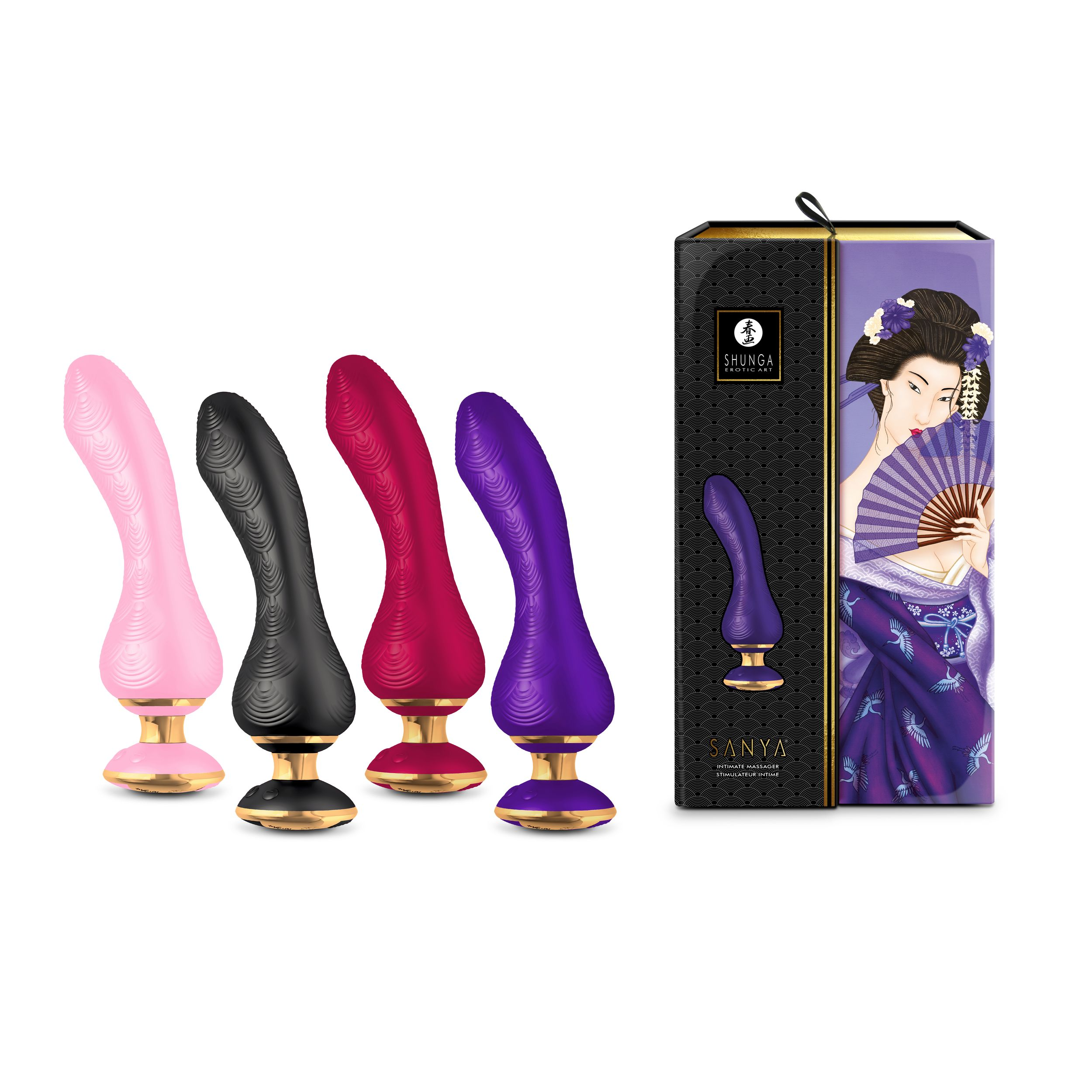 Cuatro vibradores y una caja con una ilustración de geisha. Los vibradores son rosa, negro, rojo y morado. La caja tiene una geisha.