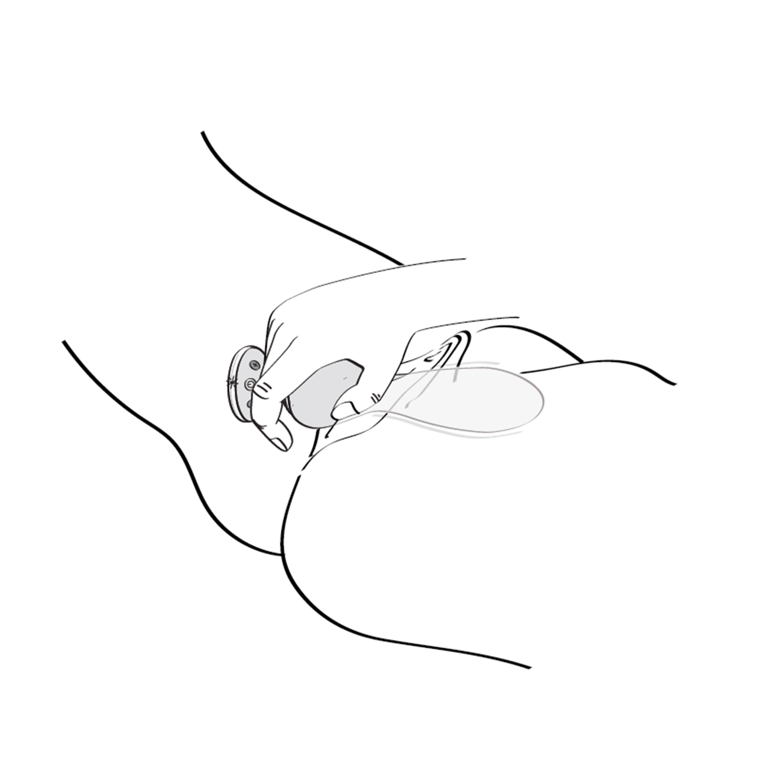 Dibujo lineal de una mano insertando un juguete en el cuerpo de una persona. Fondo blanco.