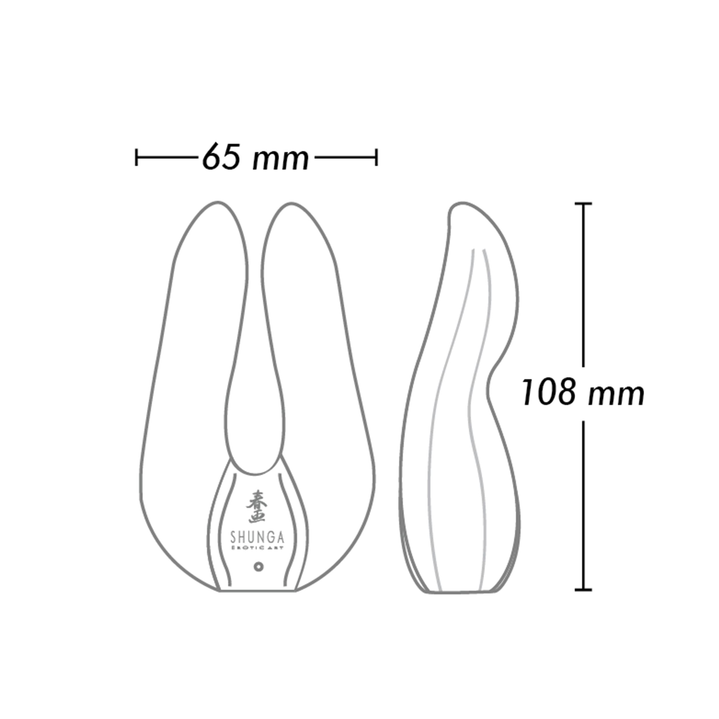 Un dibujo lineal que muestra las dimensiones de un vibrador. Dimensiones: 65 mm de ancho, 108 mm de alto.