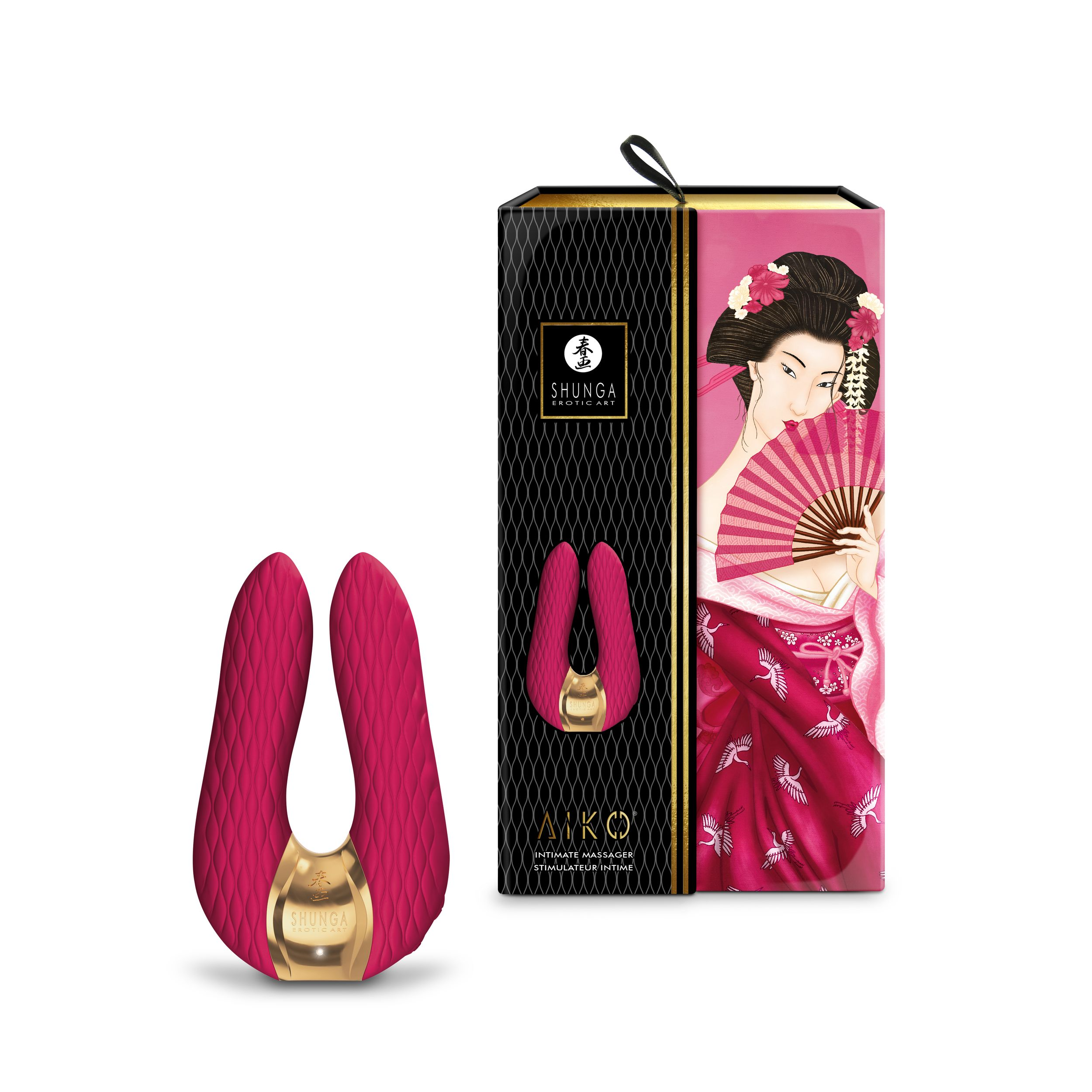Un juguete sexual en una caja con ilustración de geisha. El juguete es rosa y tiene forma curva.