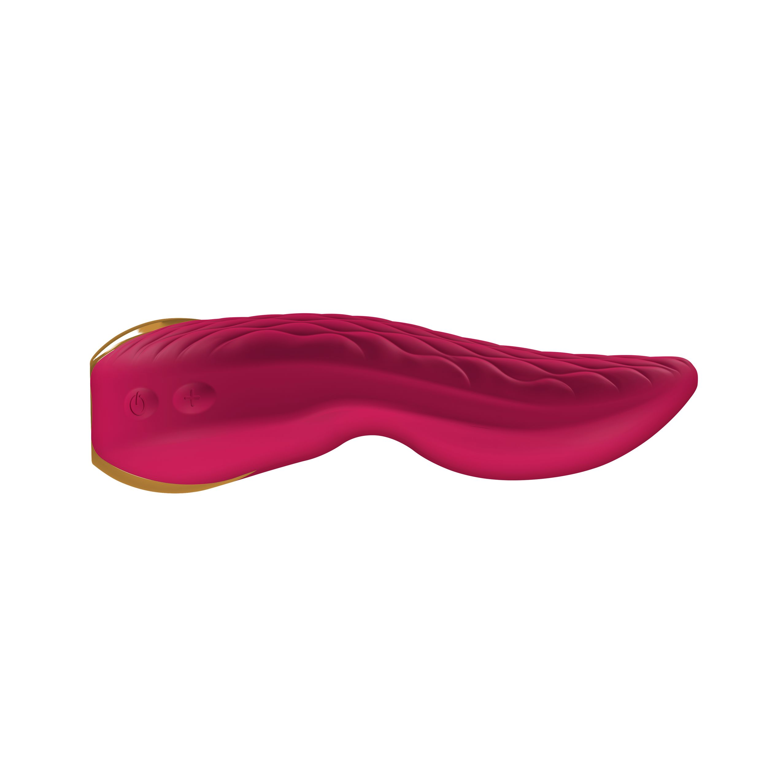 Un vibrador rosa vibrante con superficie acanalada, detalles dorados y dos botones. El juguete está sobre fondo blanco.