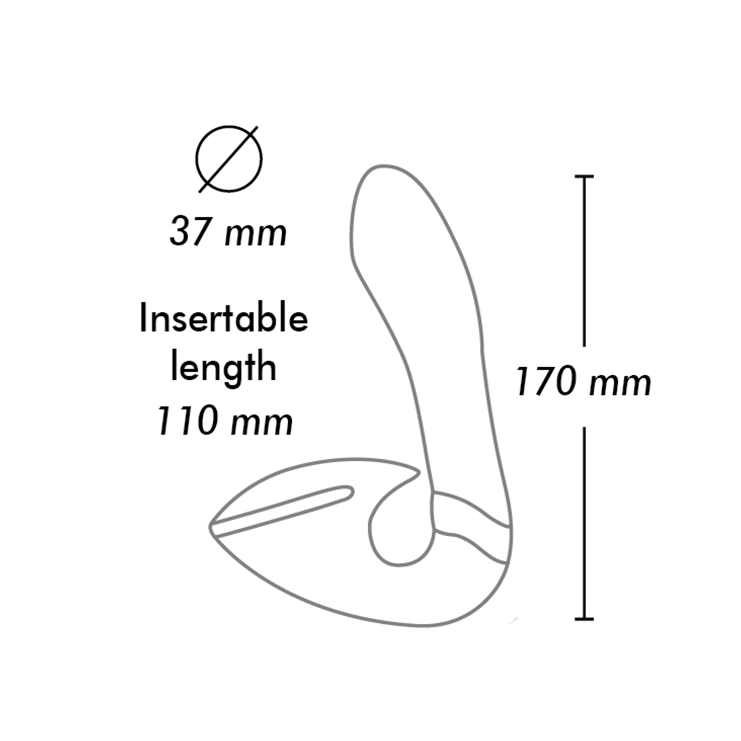 Dibujo lineal de juguete sexual. Dimensiones: 37 mm diámetro, 110 mm largo insertable y 170 mm largo total.