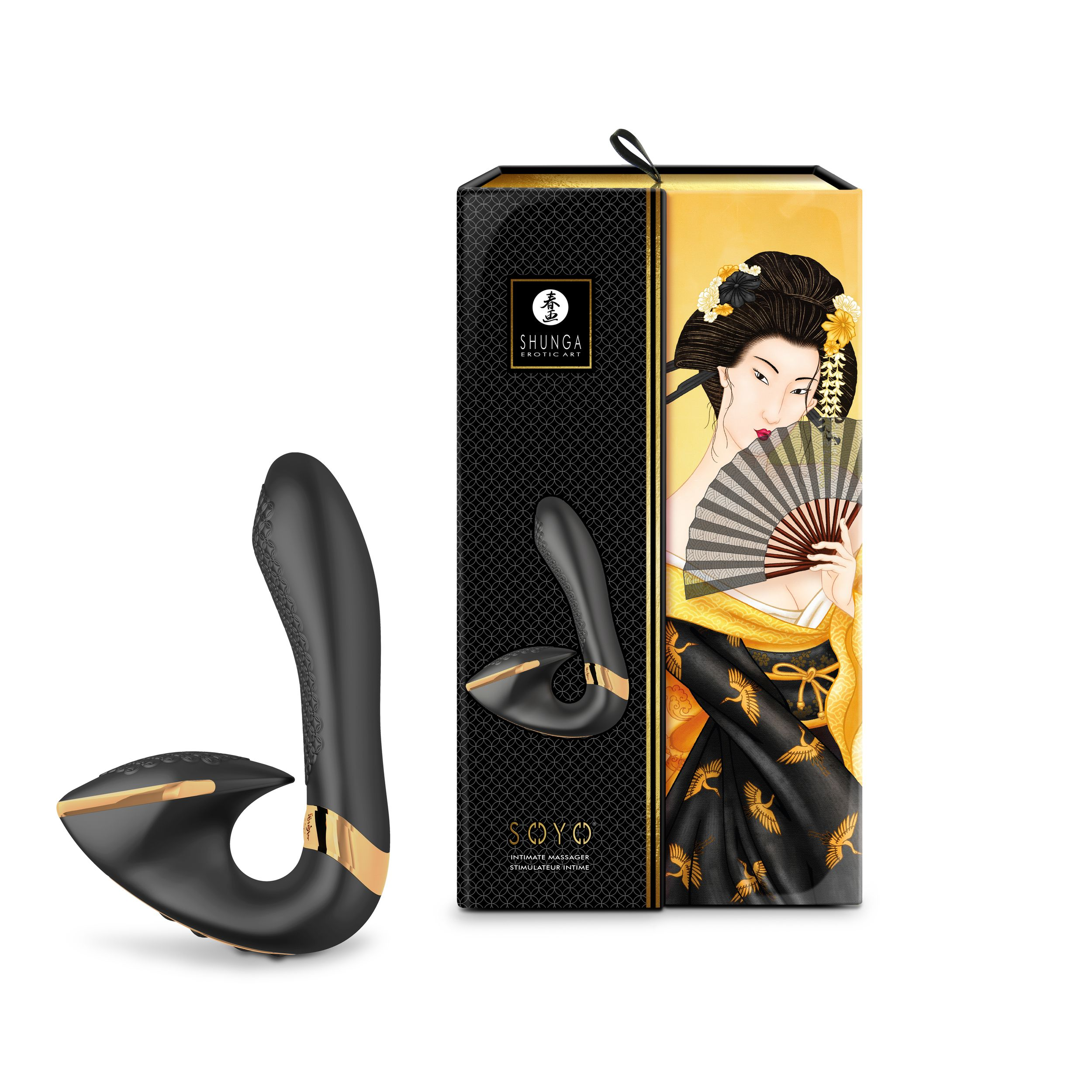 Un juguete sexual negro y una caja negra con una ilustración de geisha. El juguete tiene forma de J curvada.